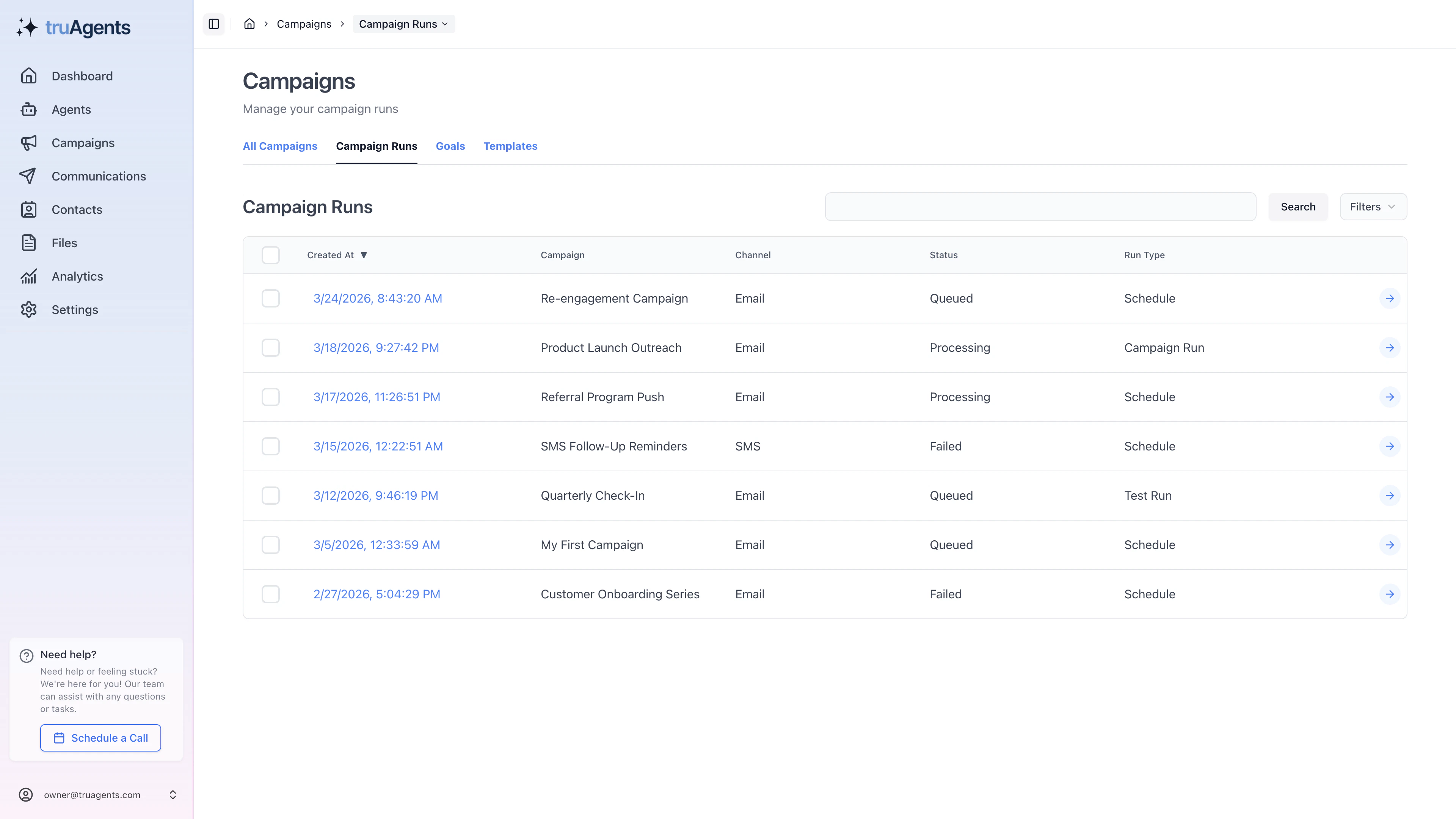 TruAgents campaign runs list showing seeded run history, statuses, channels, and run types