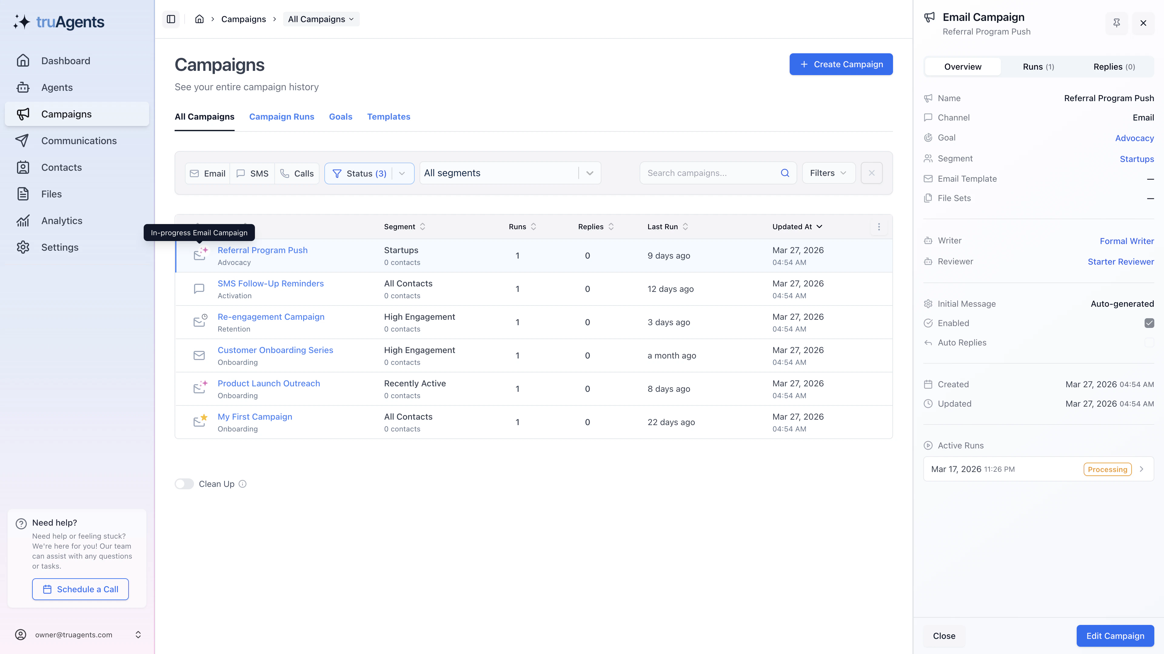 TruAgents campaign workspace showing a campaign overview pane beside the campaign table