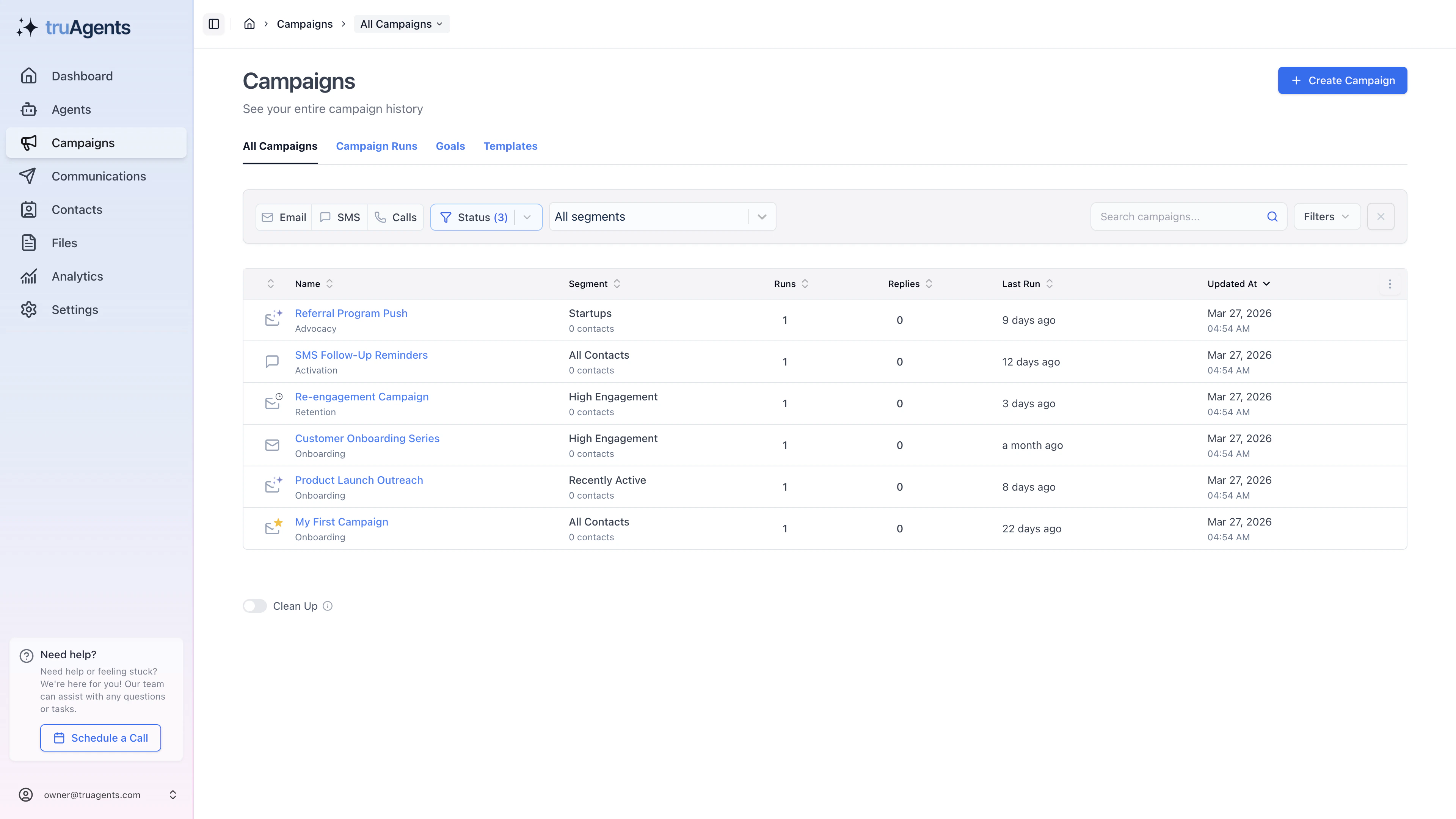 TruAgents campaigns workspace showing seeded campaigns, filters, and the create-campaign entry point