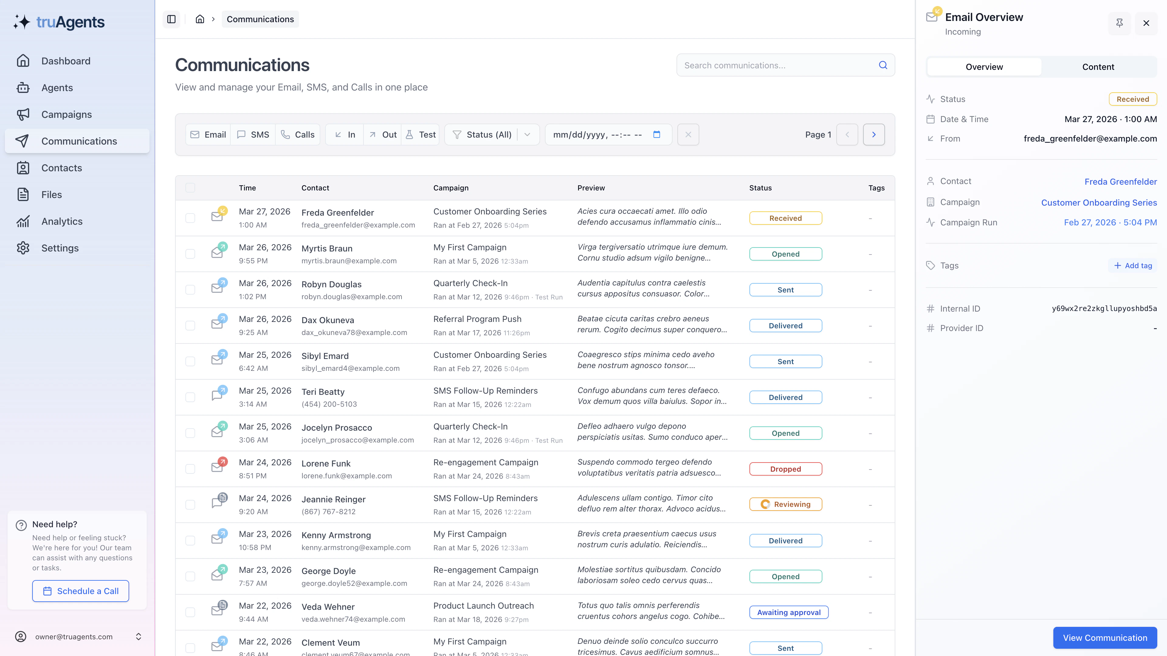 TruAgents communication detail pane showing overview metadata beside the populated communications feed