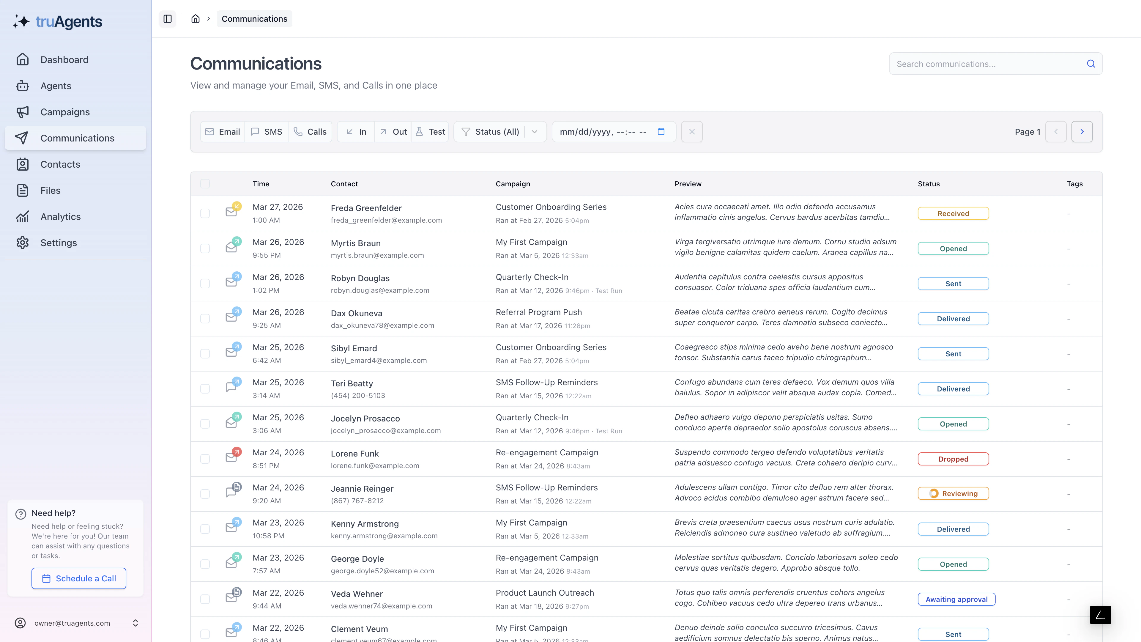 TruAgents communications feed showing cross-channel activity, status chips, and campaign context for each row
