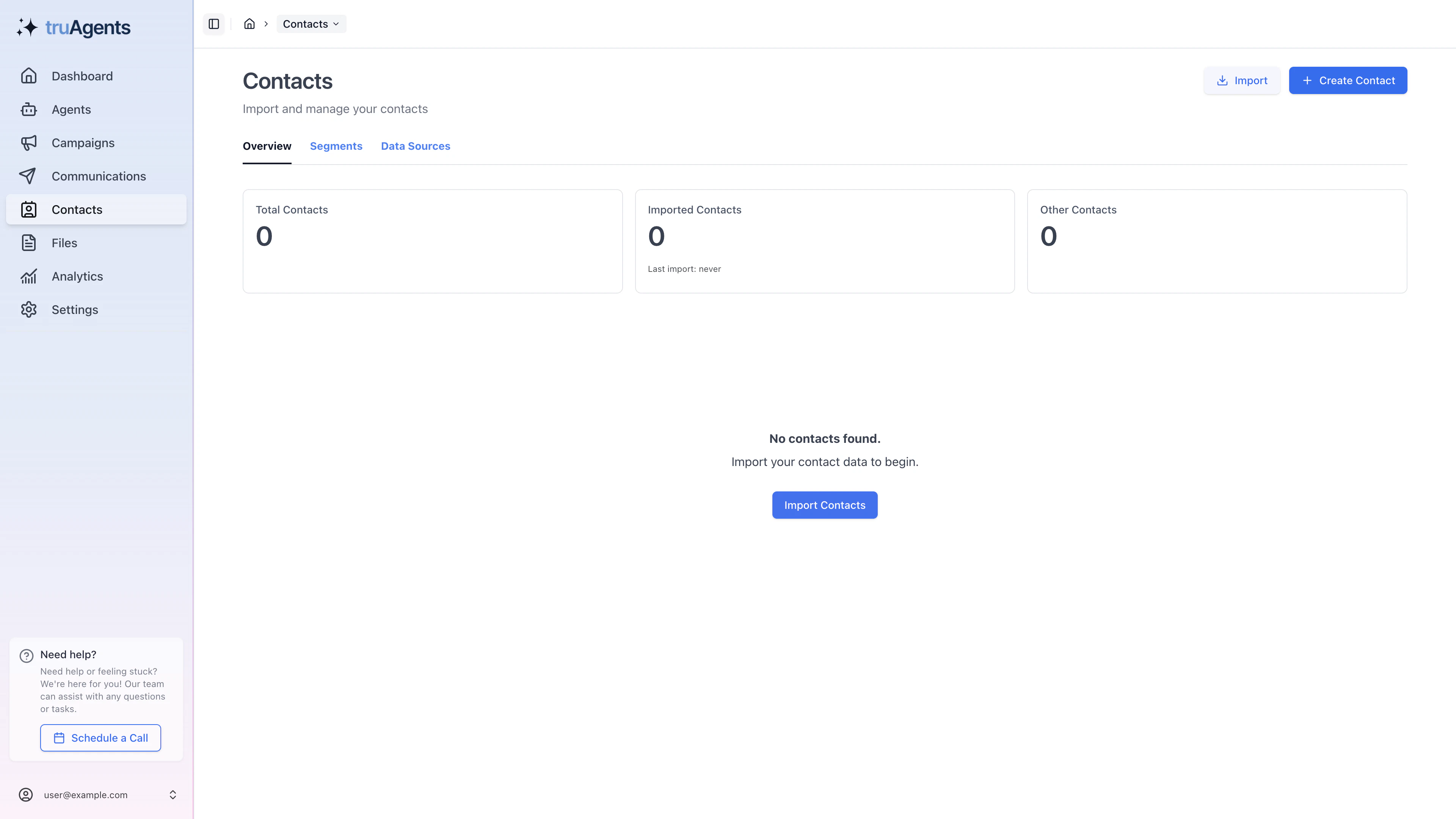 TruAgents contacts overview page with import actions and empty-state guidance
