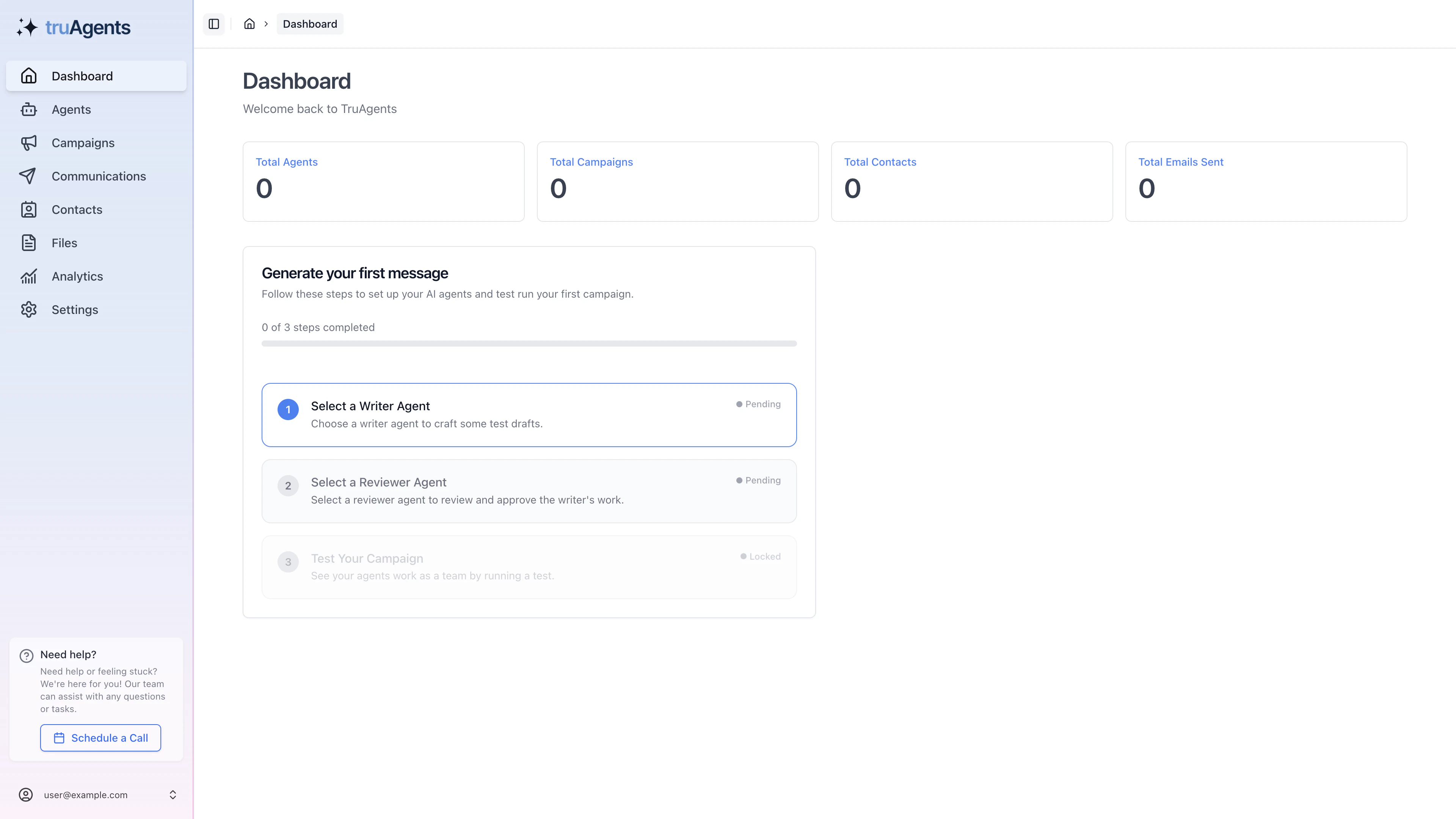TruAgents dashboard showing the first-message setup checklist for a new workspace