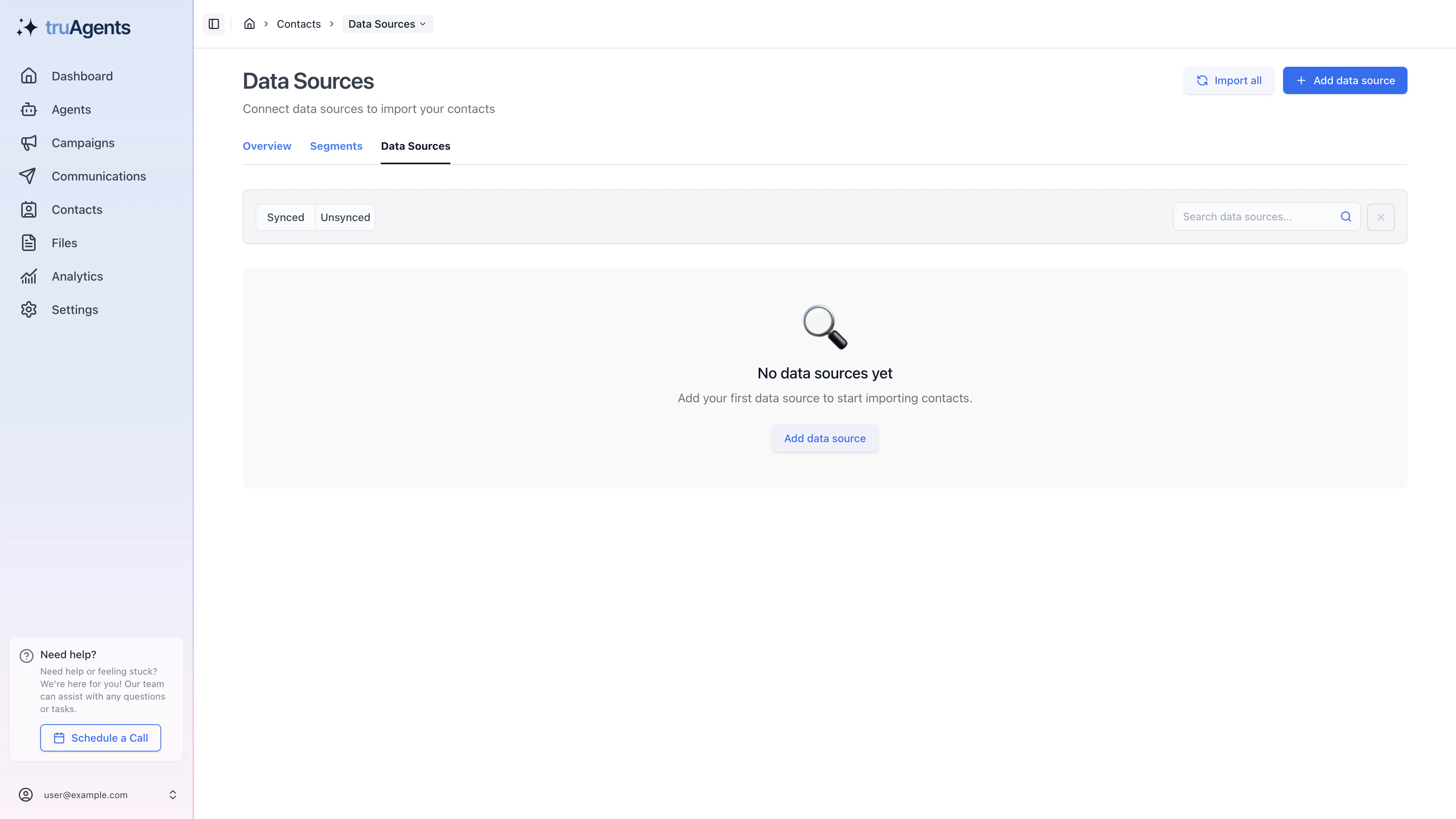 TruAgents data sources page showing sync controls, filters, and the add-data-source entry point