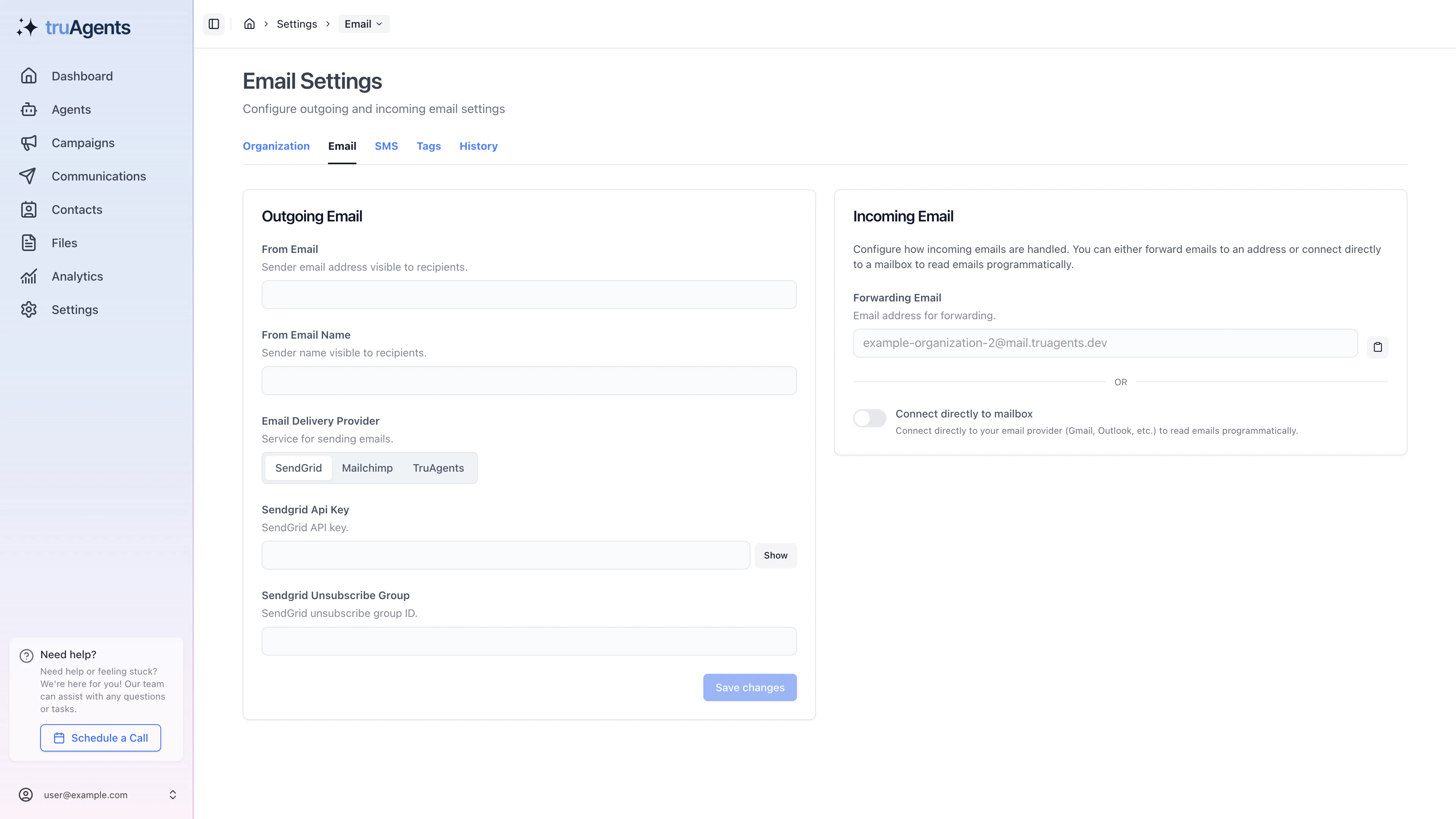 TruAgents email settings page showing outbound provider fields and inbound email options