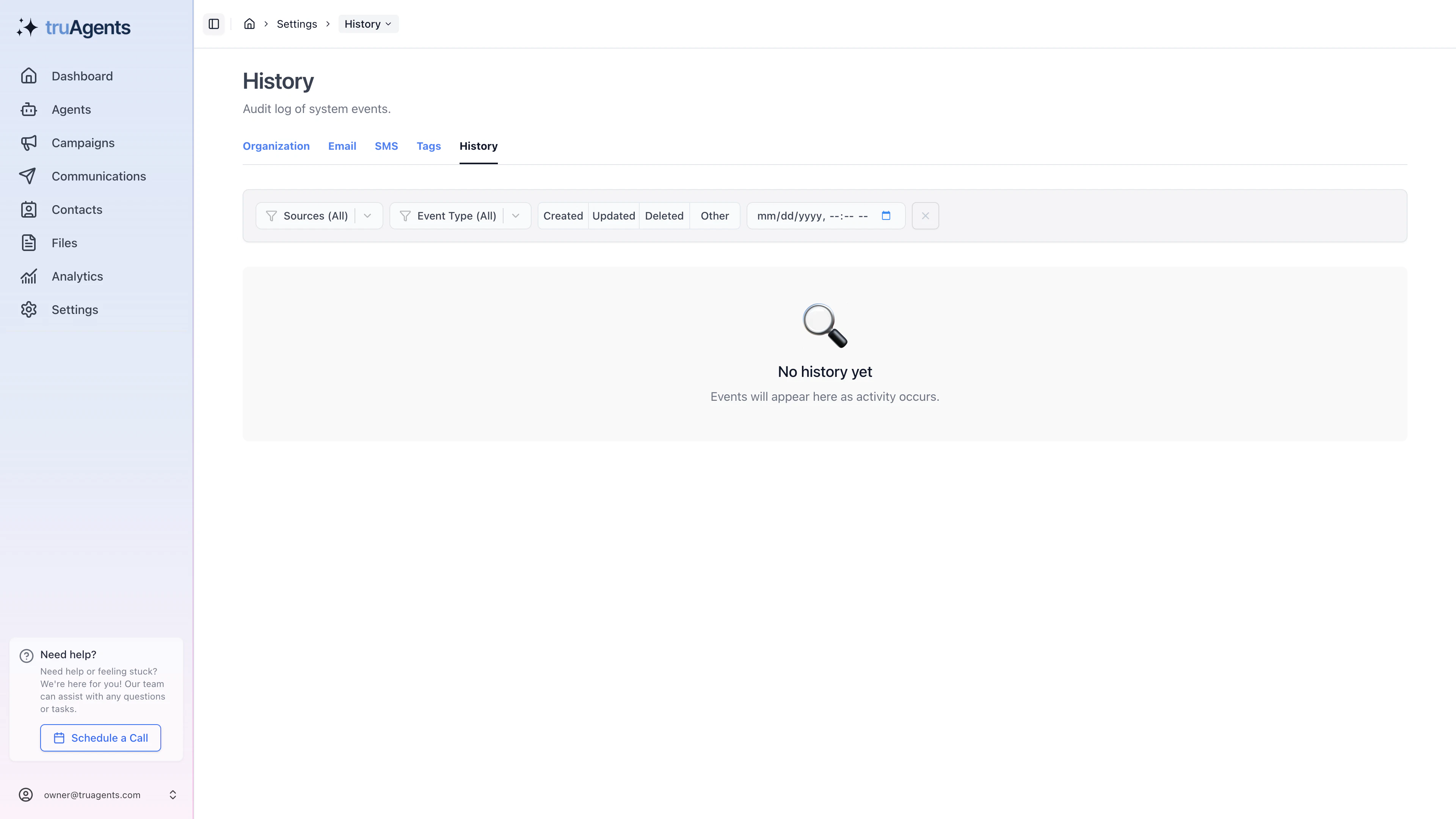 TruAgents history page showing audit filters for source, event type, and date range