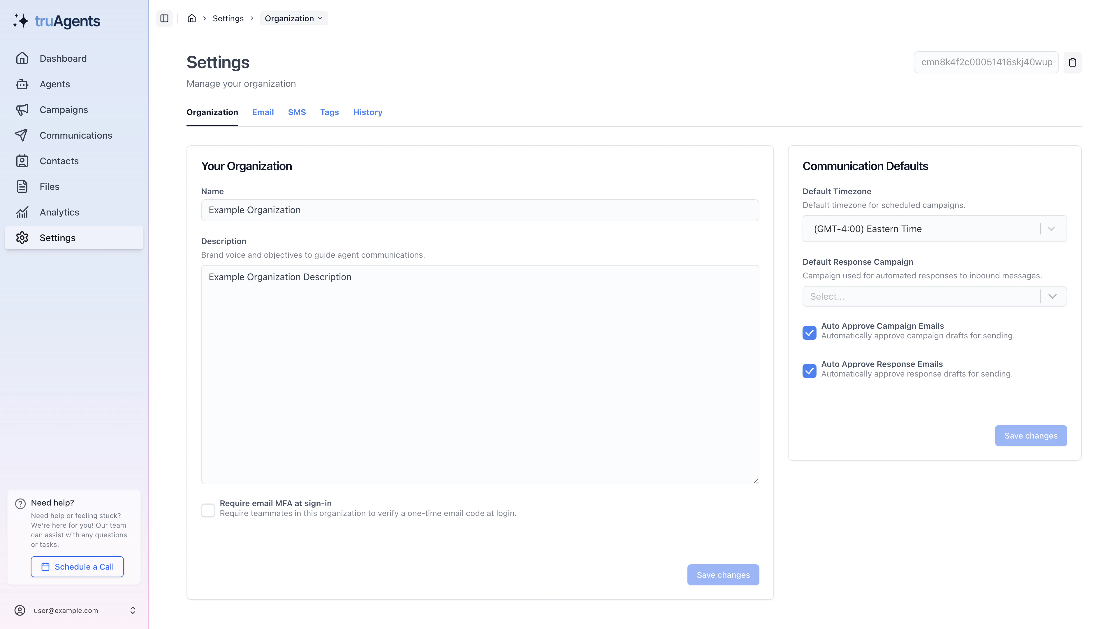 TruAgents organization settings page showing editable identity fields and communication defaults