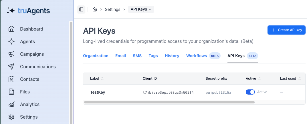 Settings → API Keys page (Beta) showing columns Label, Client ID, Secret prefix, Active, Last used, Created, with a Create API key button
