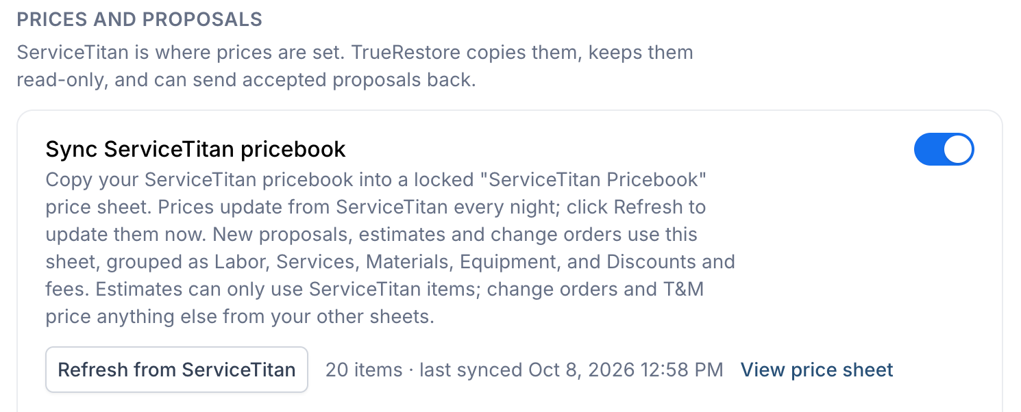 ServiceTitan pricebook sync in Settings → Integrations