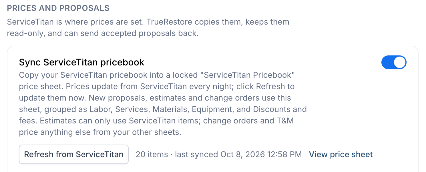 ServiceTitan pricebook sync in Settings → Integrations