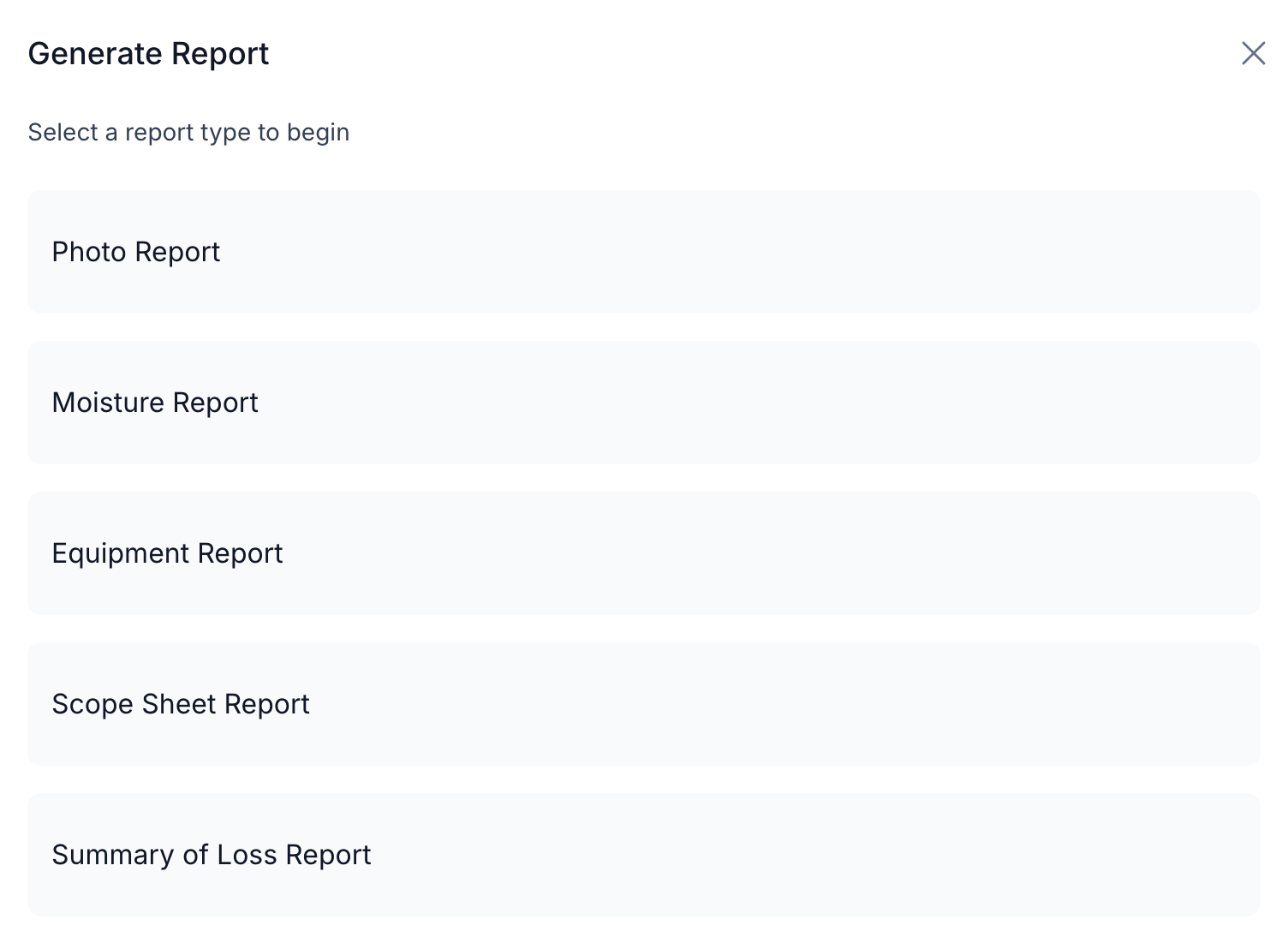 The Generate Report picker with its five report types