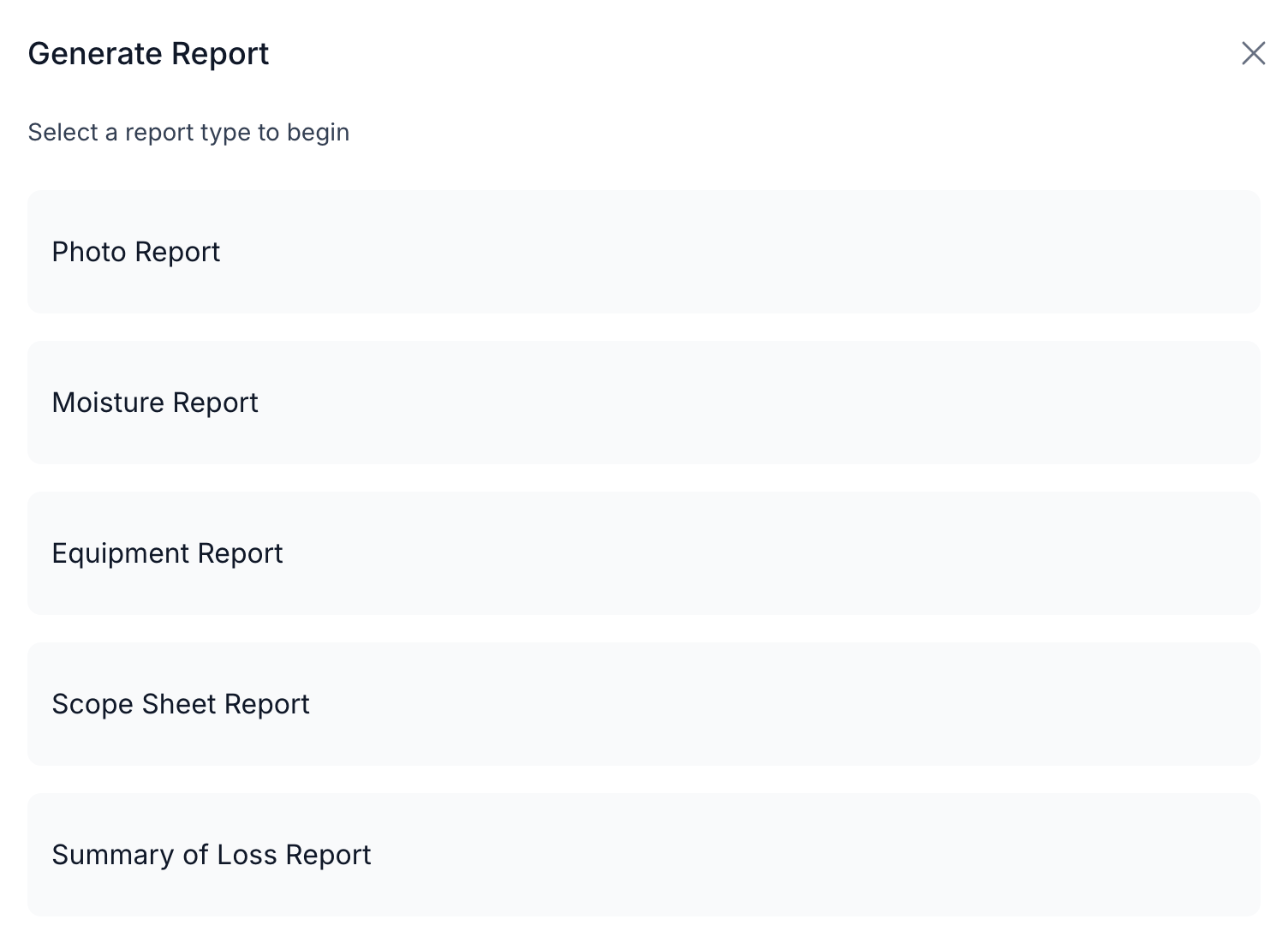 The Generate Report picker with its five report types