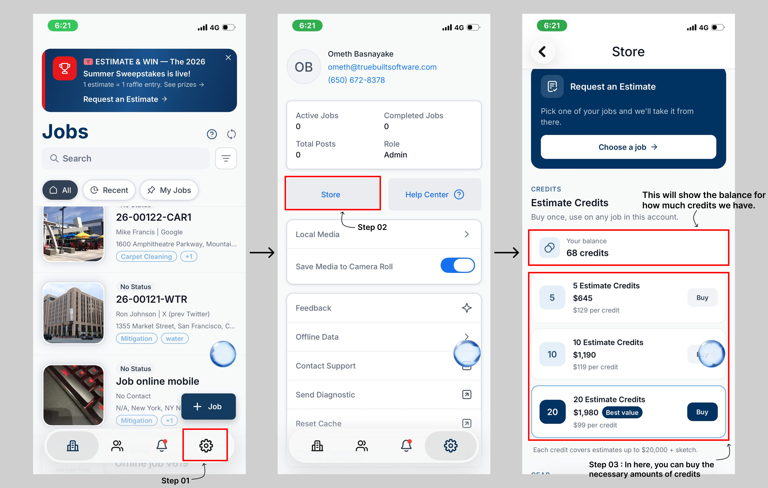 Purchasing Estimate Credits Credit Balance Mobile