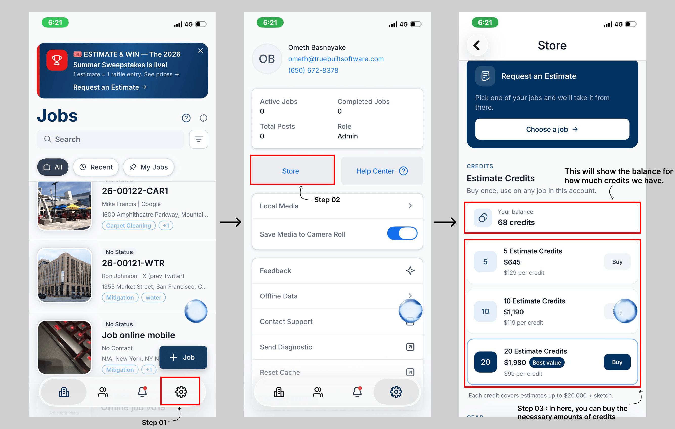 Purchasing Estimate Credits Credit Balance Mobile
