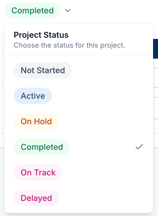 The Project Status menu opened from the status pill on a job page