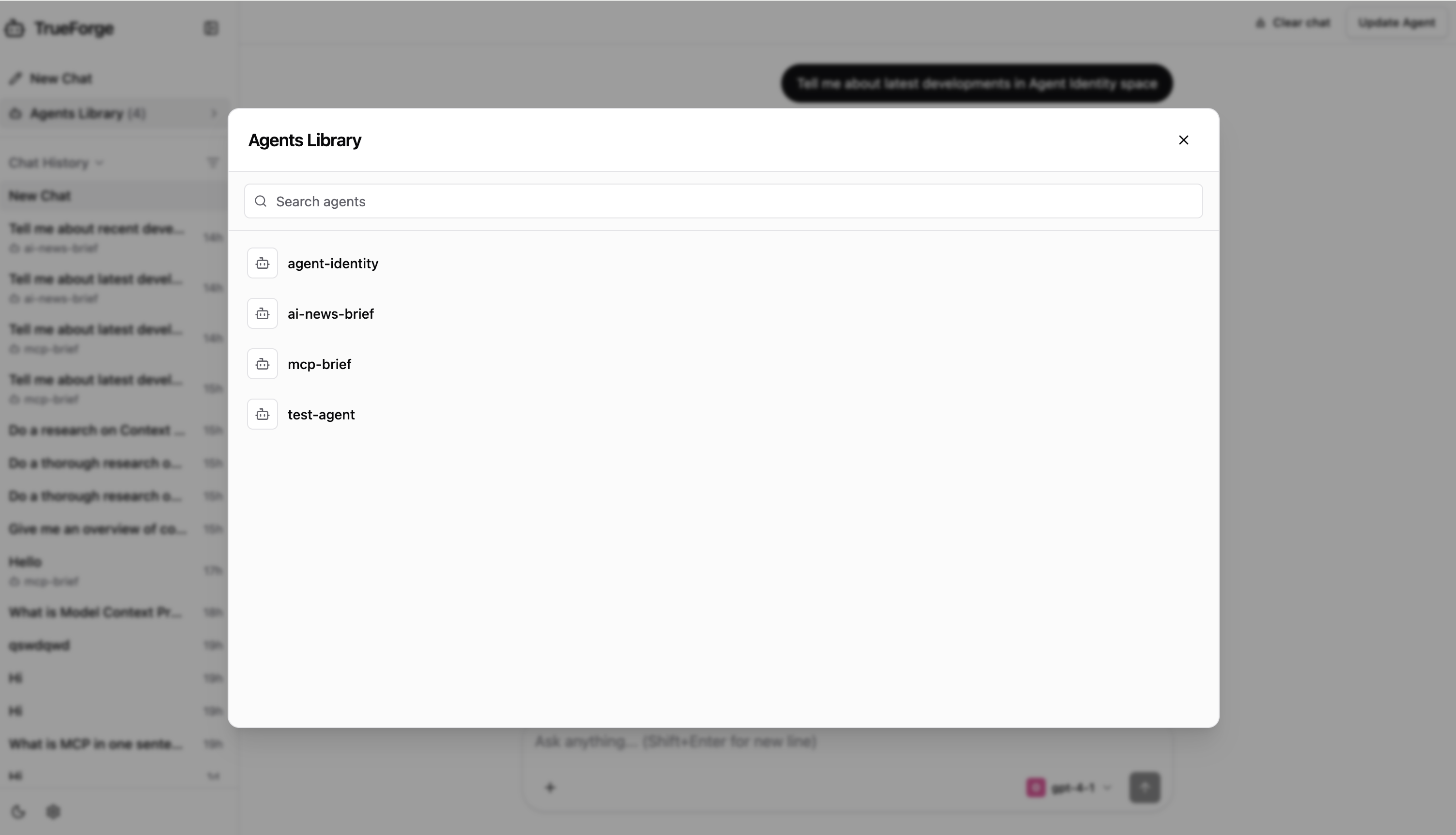 Agents dialog listing saved agents to choose from