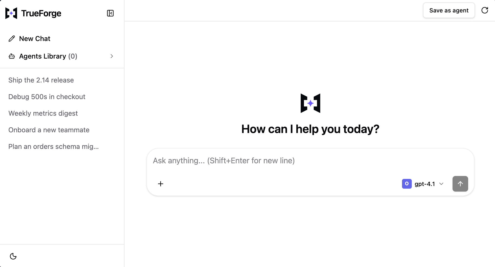 Sidebar layout — a persistent thread list on the left beside a full-page chat