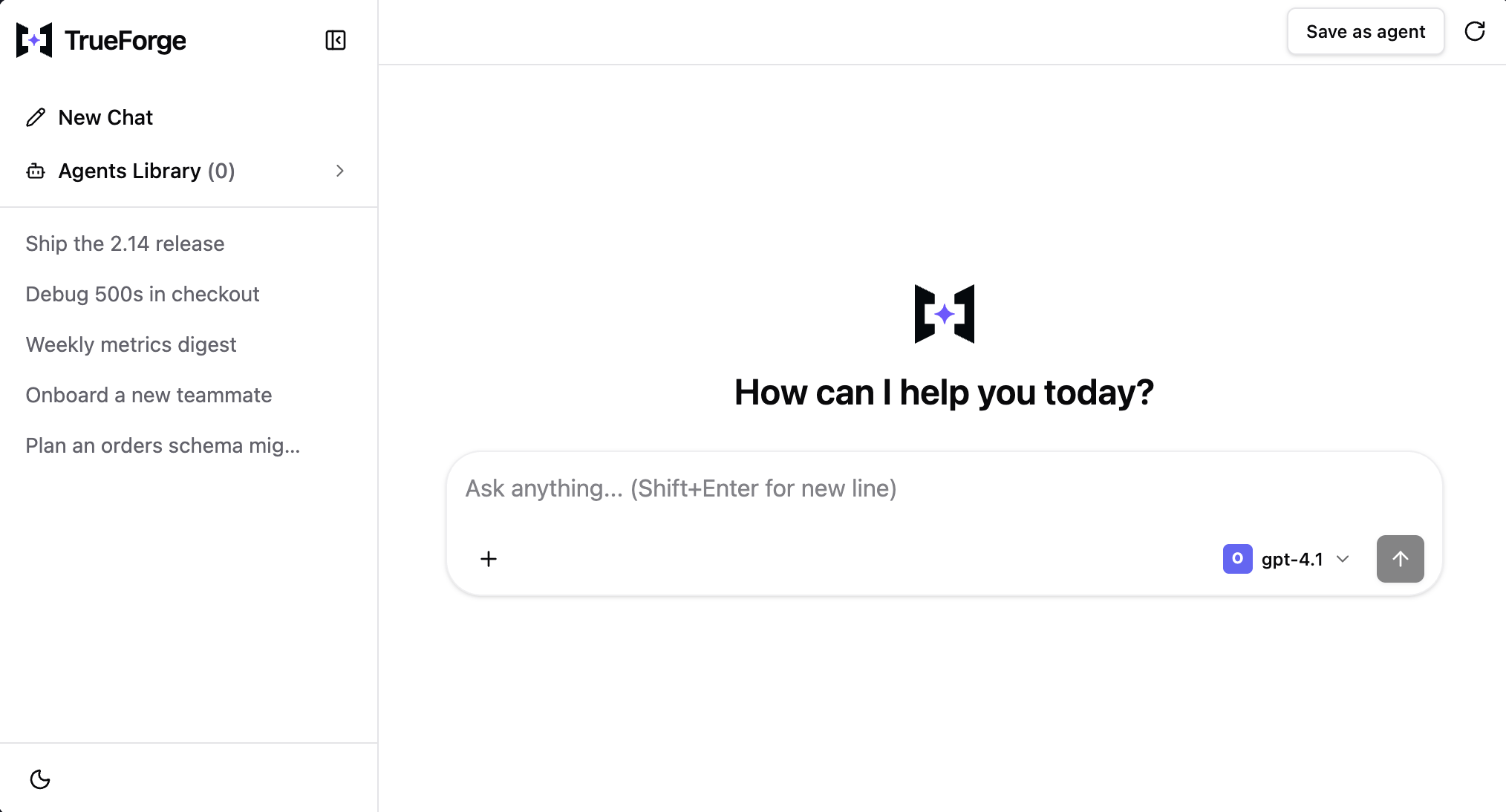 Sidebar layout — a persistent thread list on the left beside a full-page chat