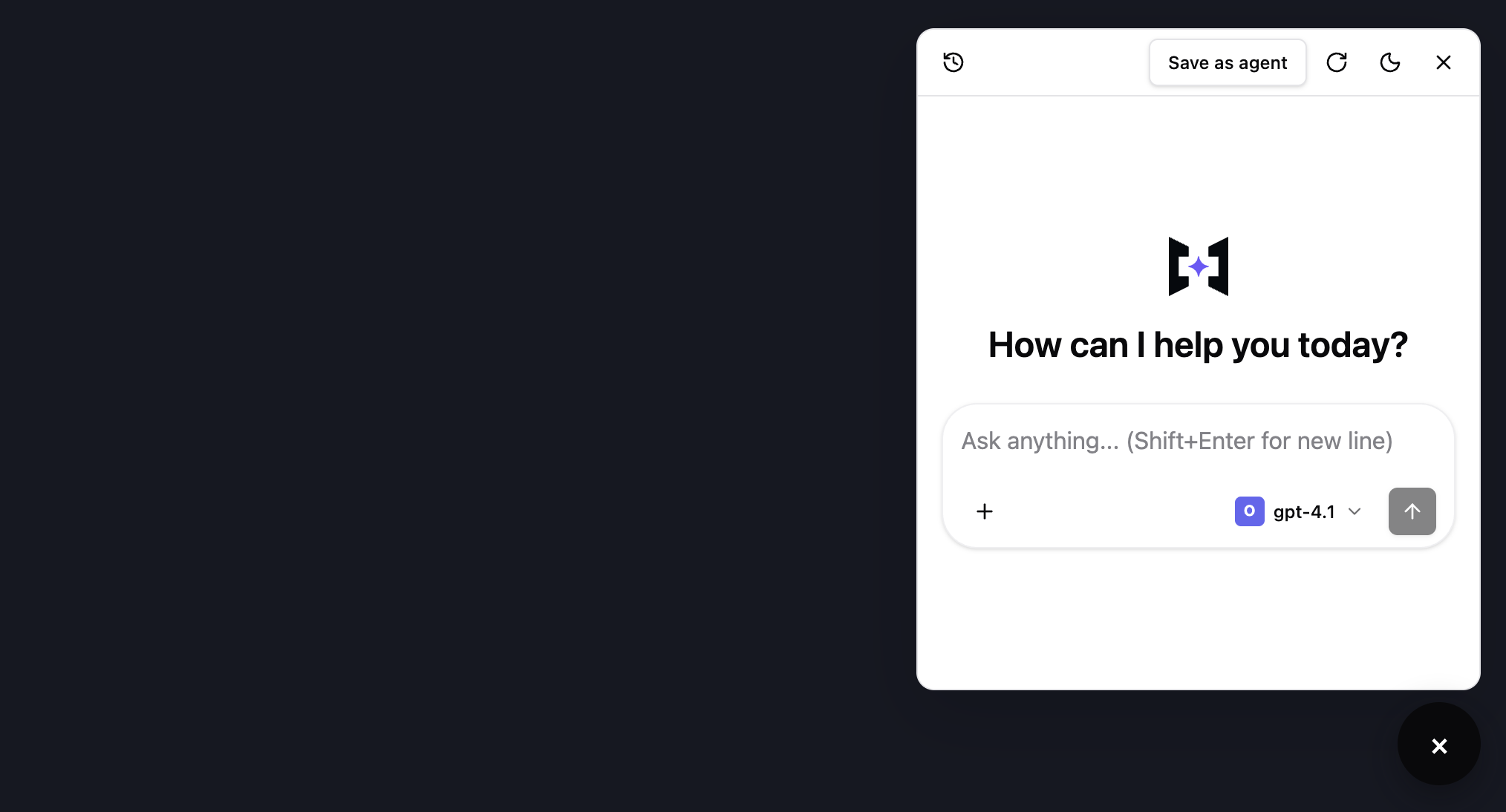 Widget layout — a floating launcher expanded into a compact chat panel