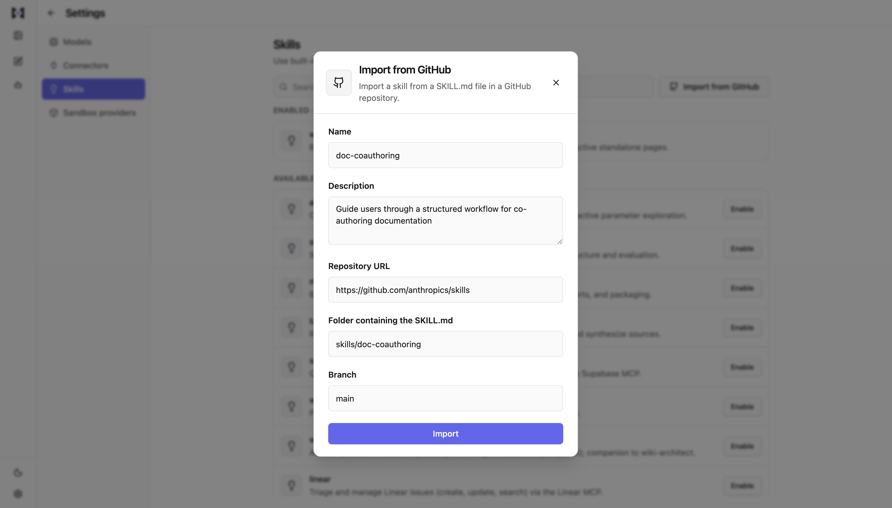 The Import from GitHub skill dialog with name, description, repository URL, folder, and branch fields