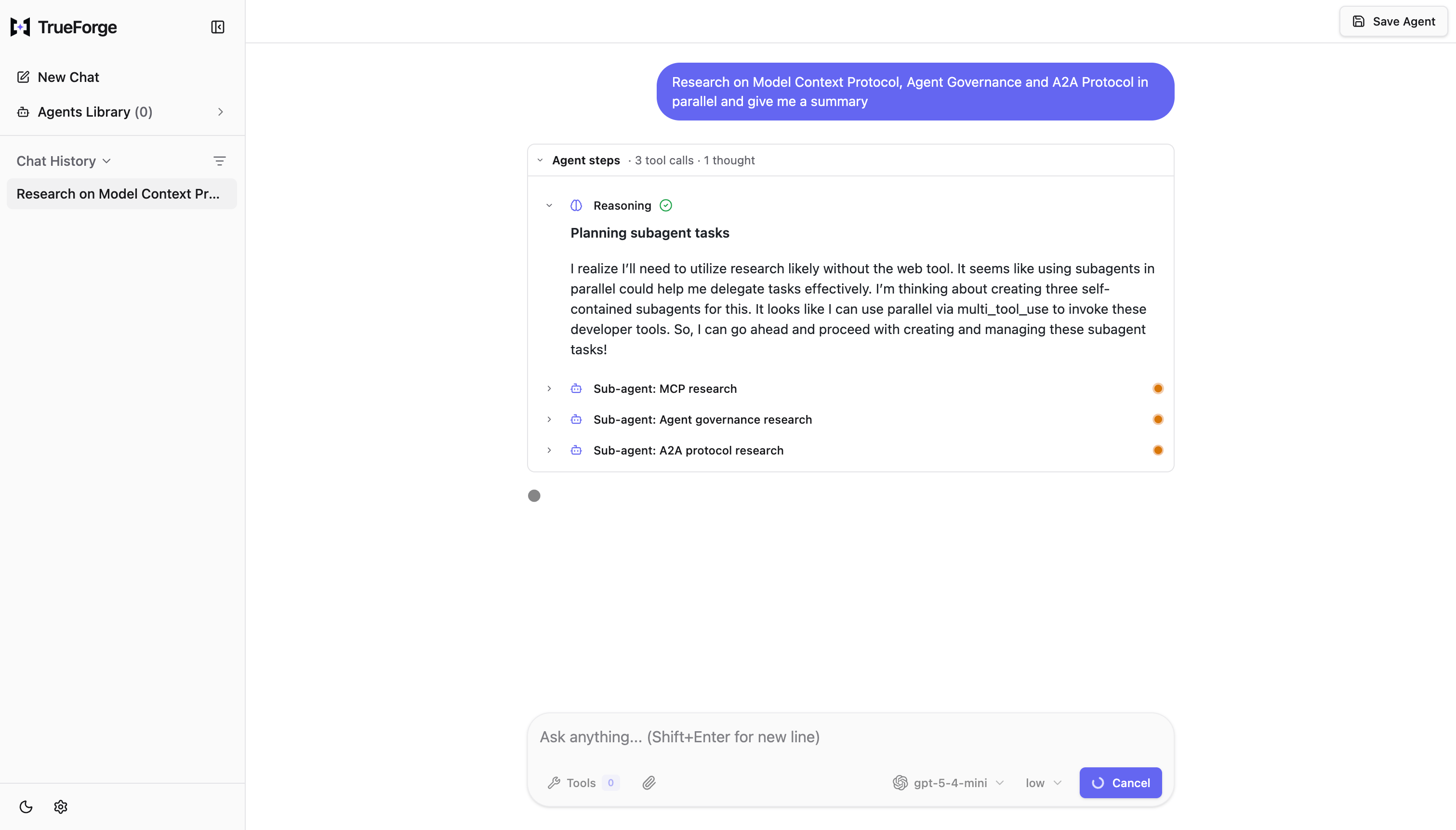 Chat UI showing three parallel subagents — MCP research, Agent governance research, A2A protocol research — under Agent steps