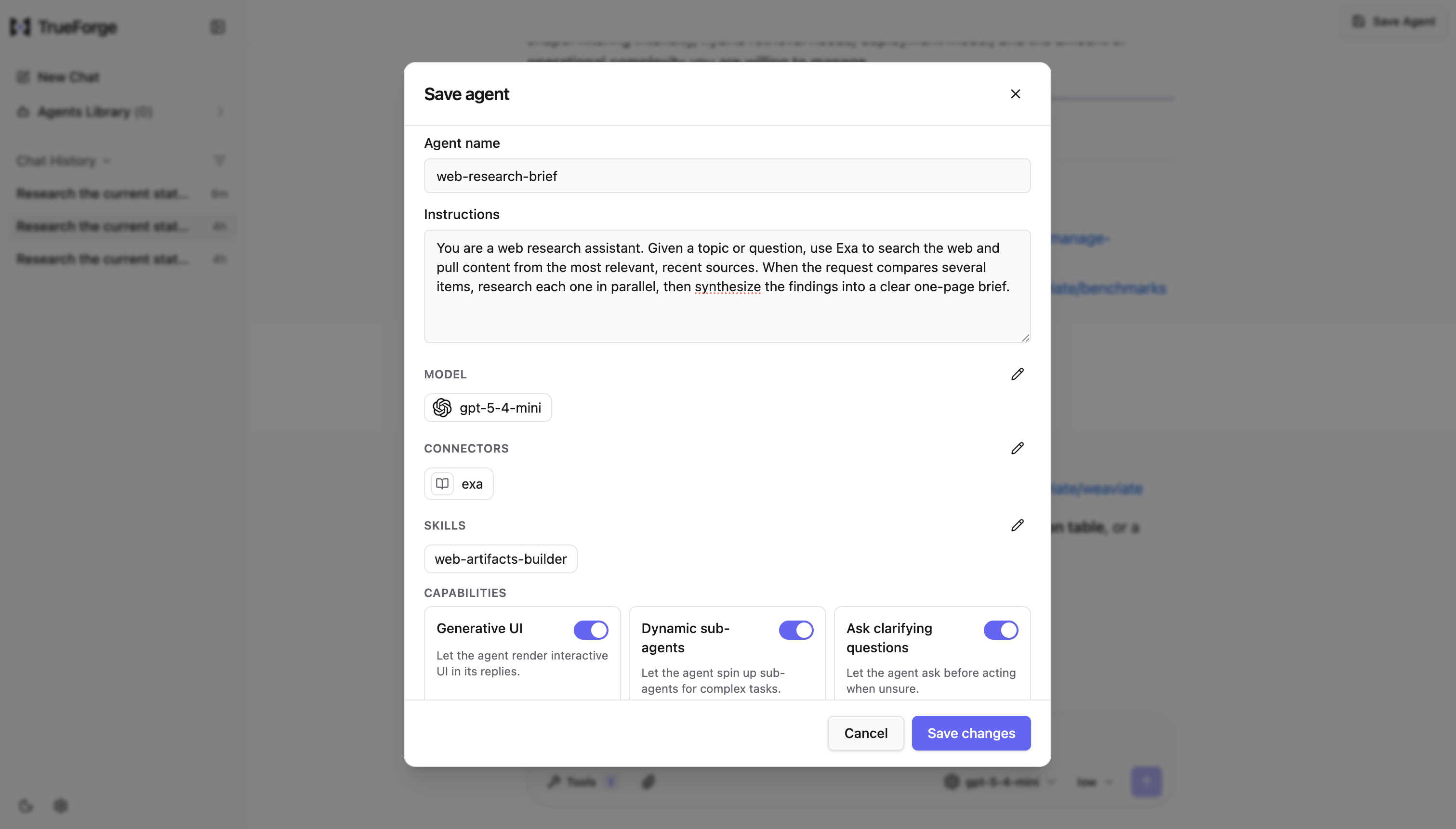 The Save agent dialog with a name, instructions, and a configuration summary of model, connectors, and skills