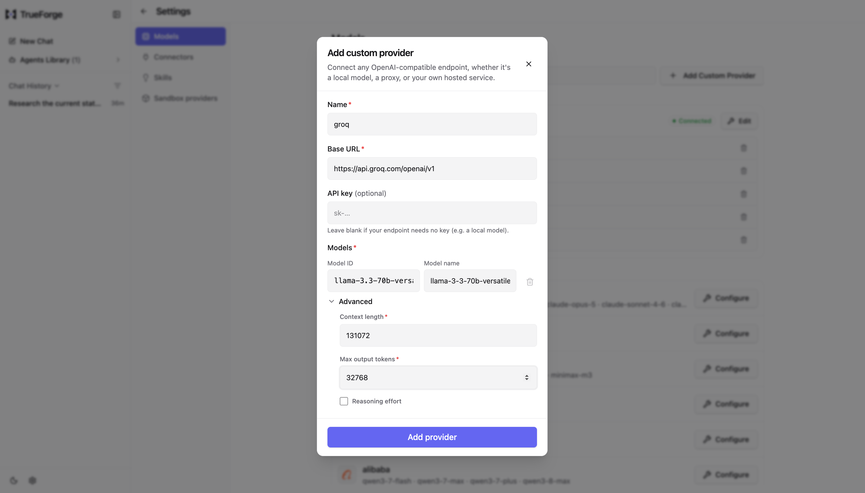 The Add custom provider dialog filled for a Groq endpoint — name, base URL, an optional API key, a model with its ID and name, and Advanced context length and max output tokens