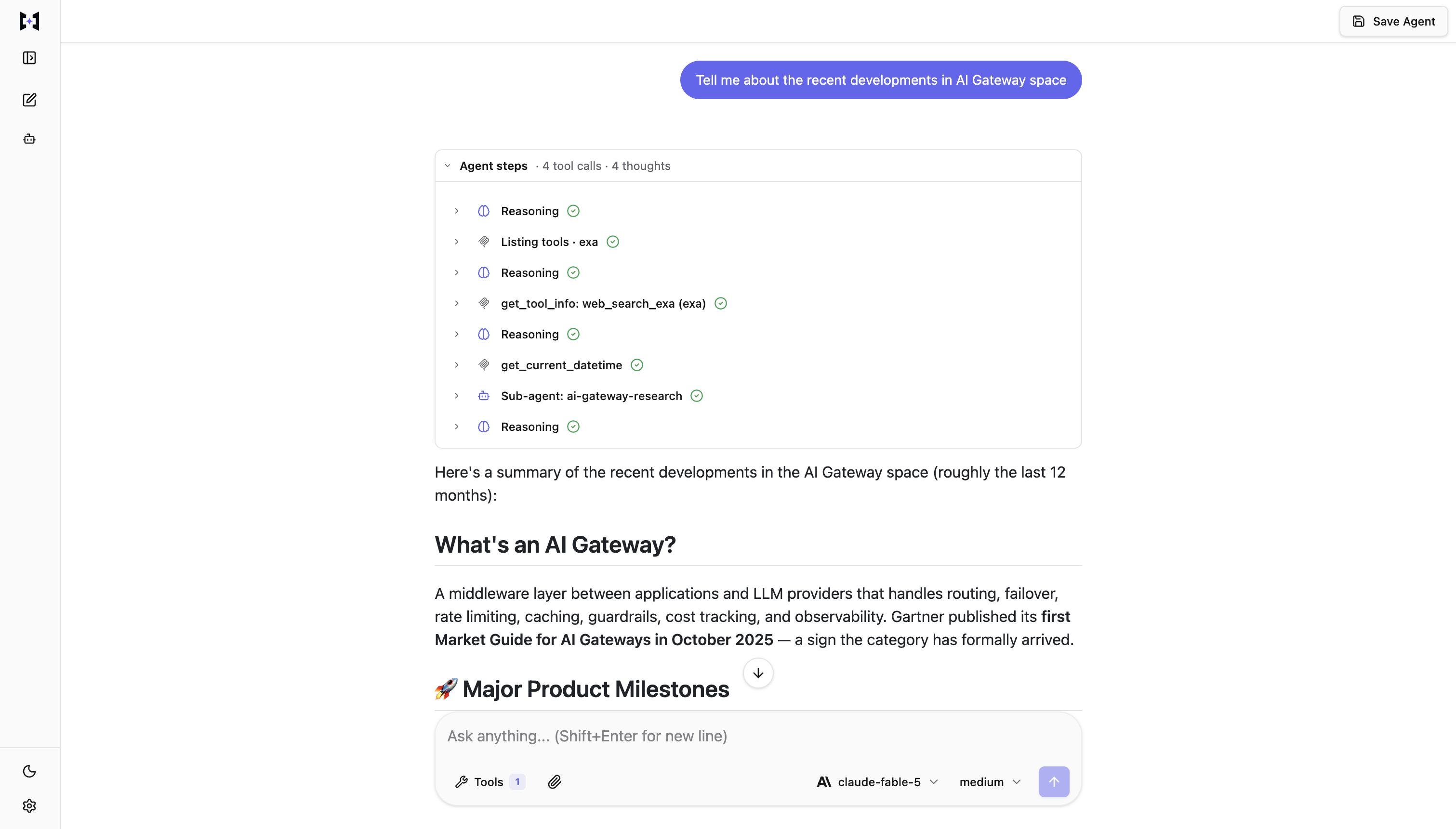 The TrueForge chat UI showing an agent response with the agent-steps panel expanded — reasoning, Exa tool calls, and a subagent