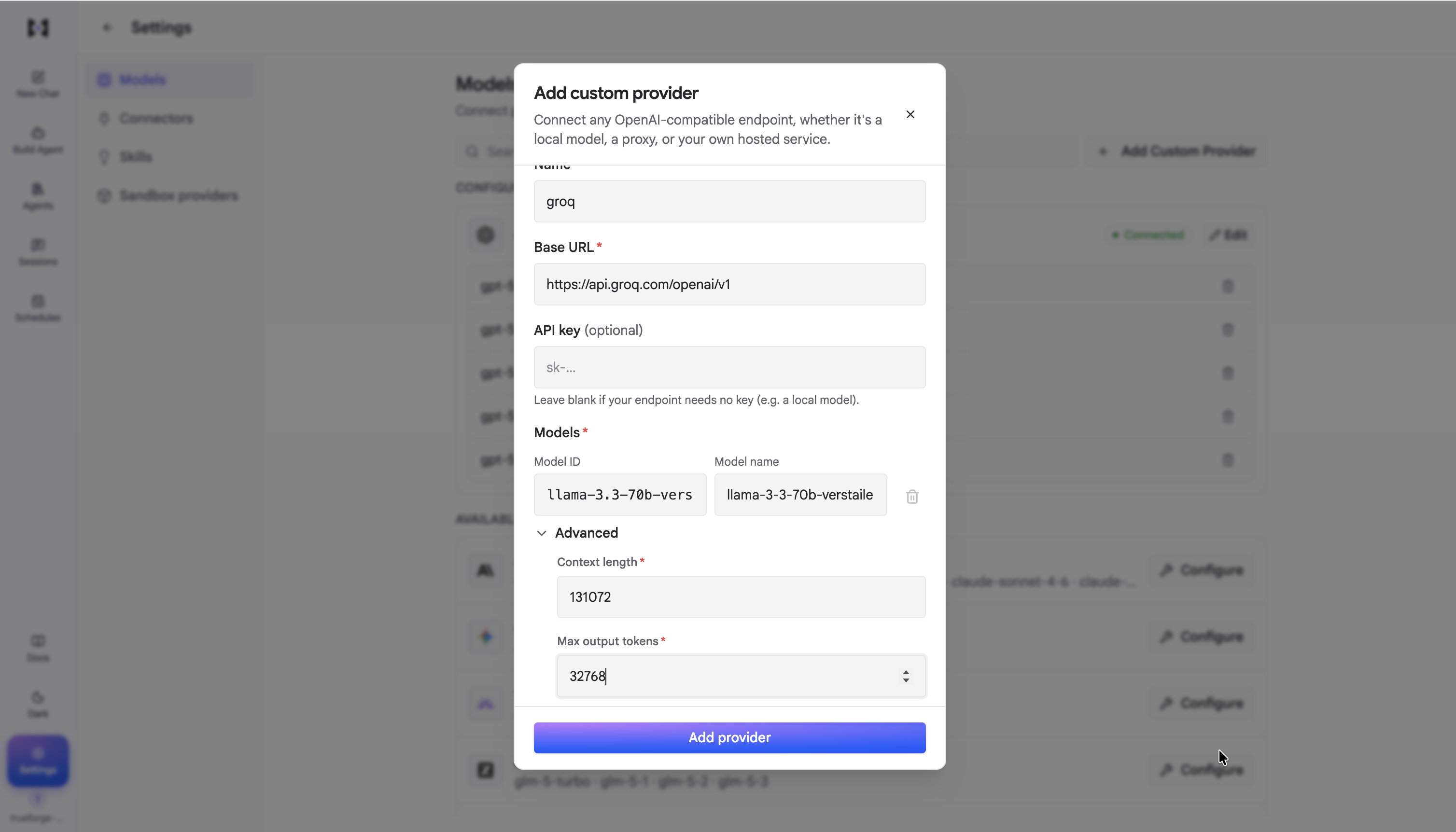 The Add custom provider dialog filled for a Groq endpoint: name, base URL, an optional API key, a model with its ID and name, and Advanced context length and max output tokens