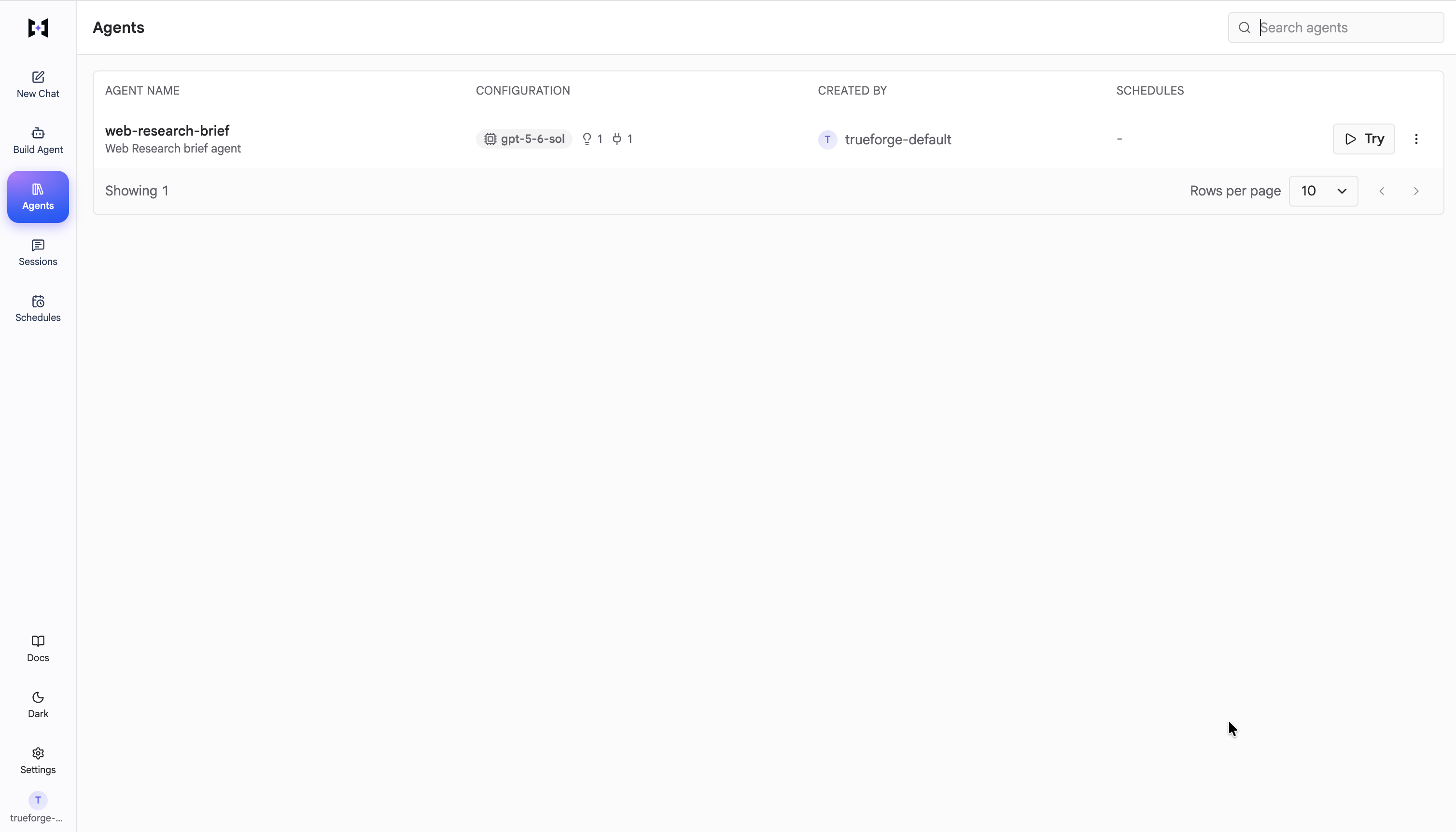 The Agents page listing a saved agent with its model and tool summary, a Created by column, and a Try action