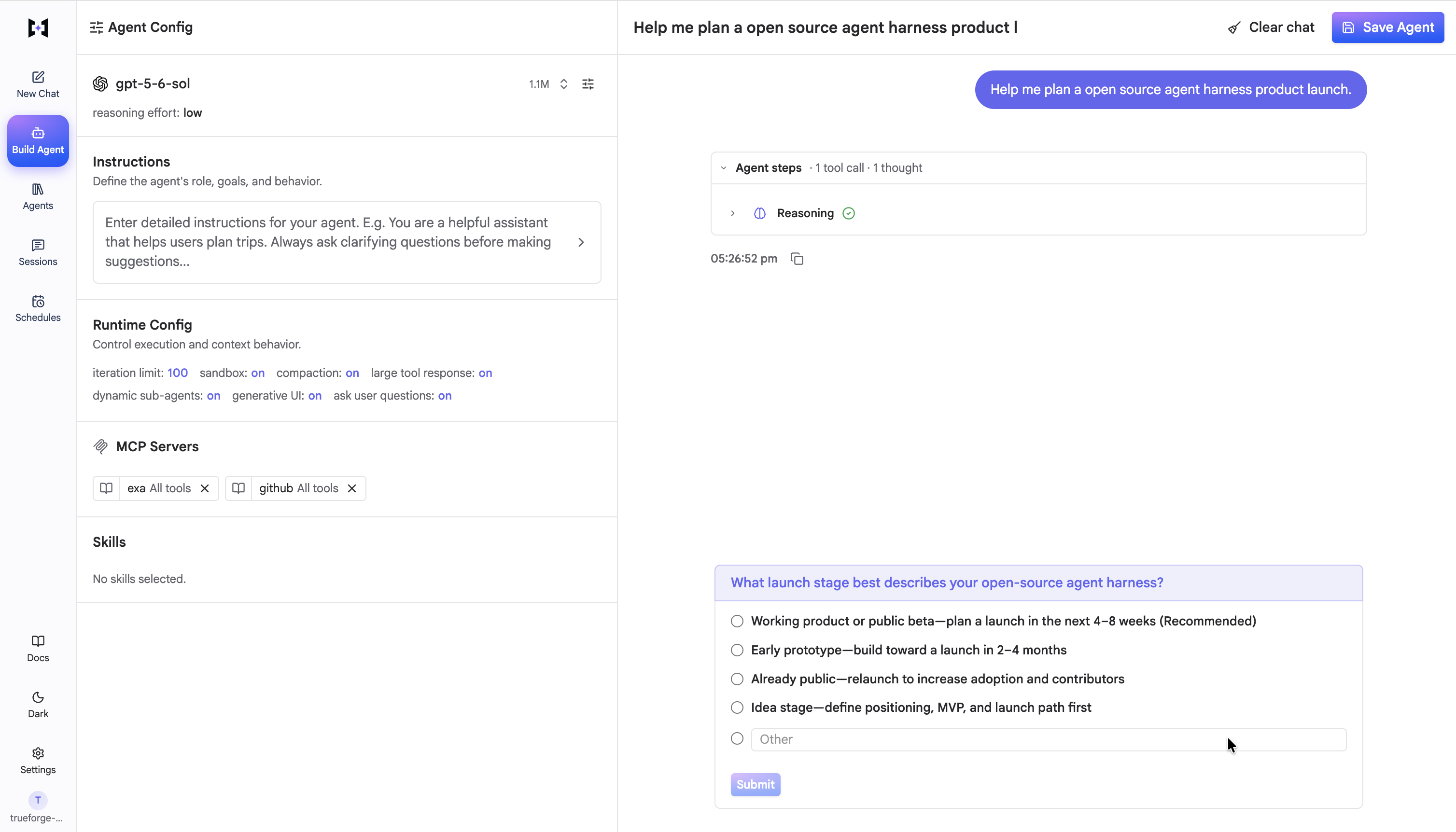 Chat UI showing an agent question with multiple-choice options and a Submit button