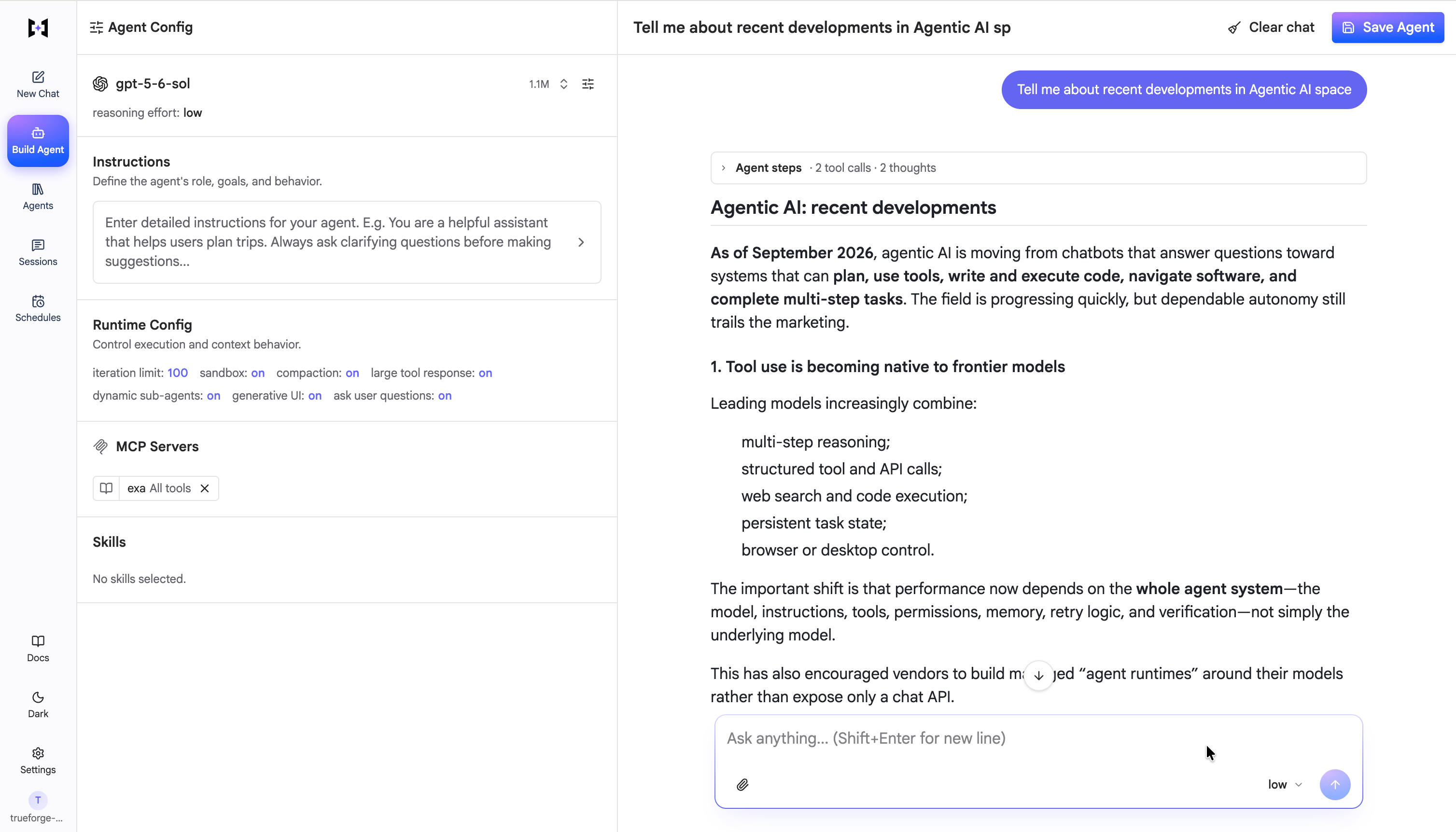 The TrueForge chat UI: an agent response about recent developments in agentic AI, with a collapsed Agent steps summary of tool calls and thoughts, beside the Agent Config panel showing model, instructions, runtime config, and MCP servers
