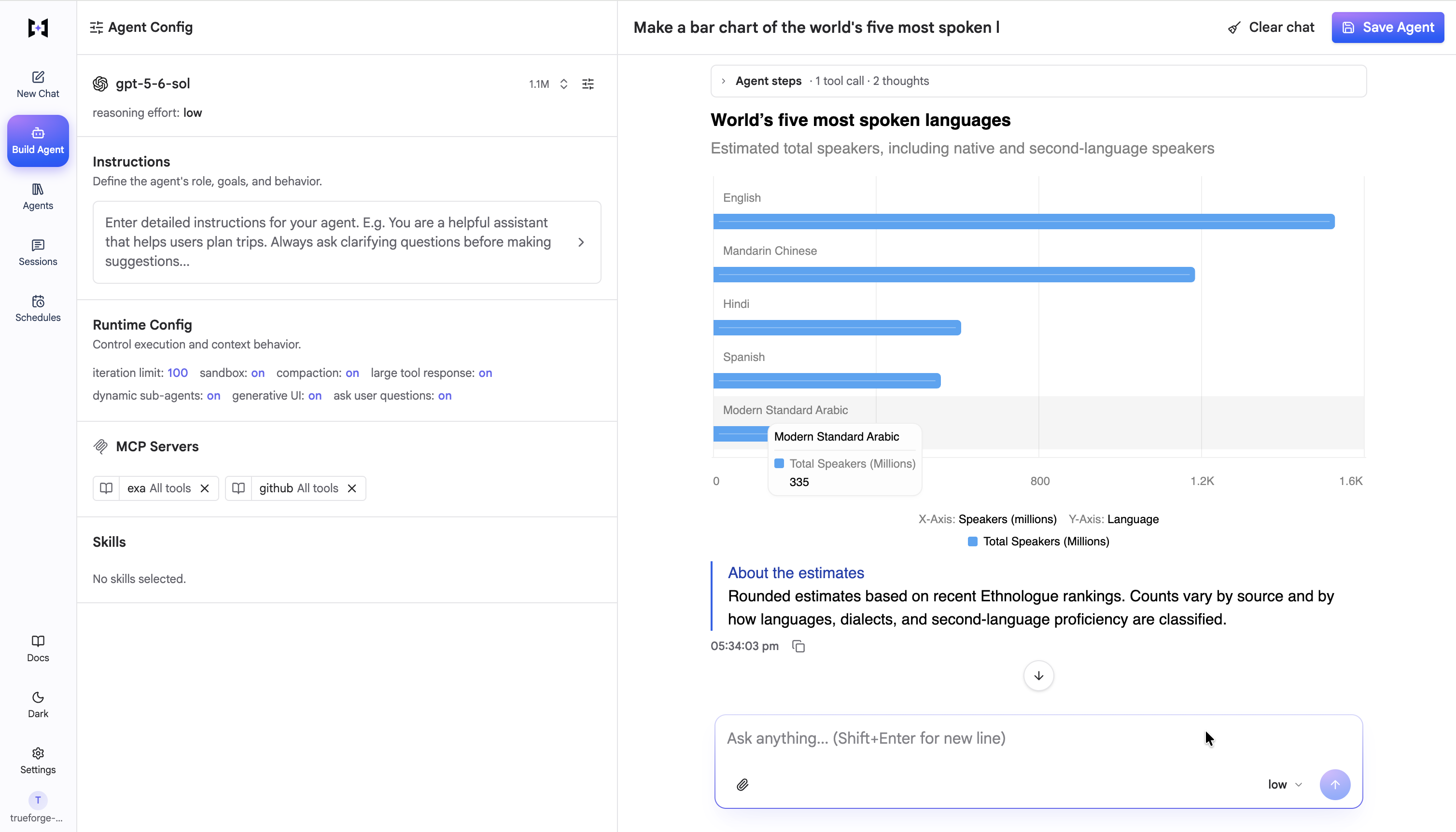 Rendered Generative UI response with an inline bar chart of the world's most spoken languages