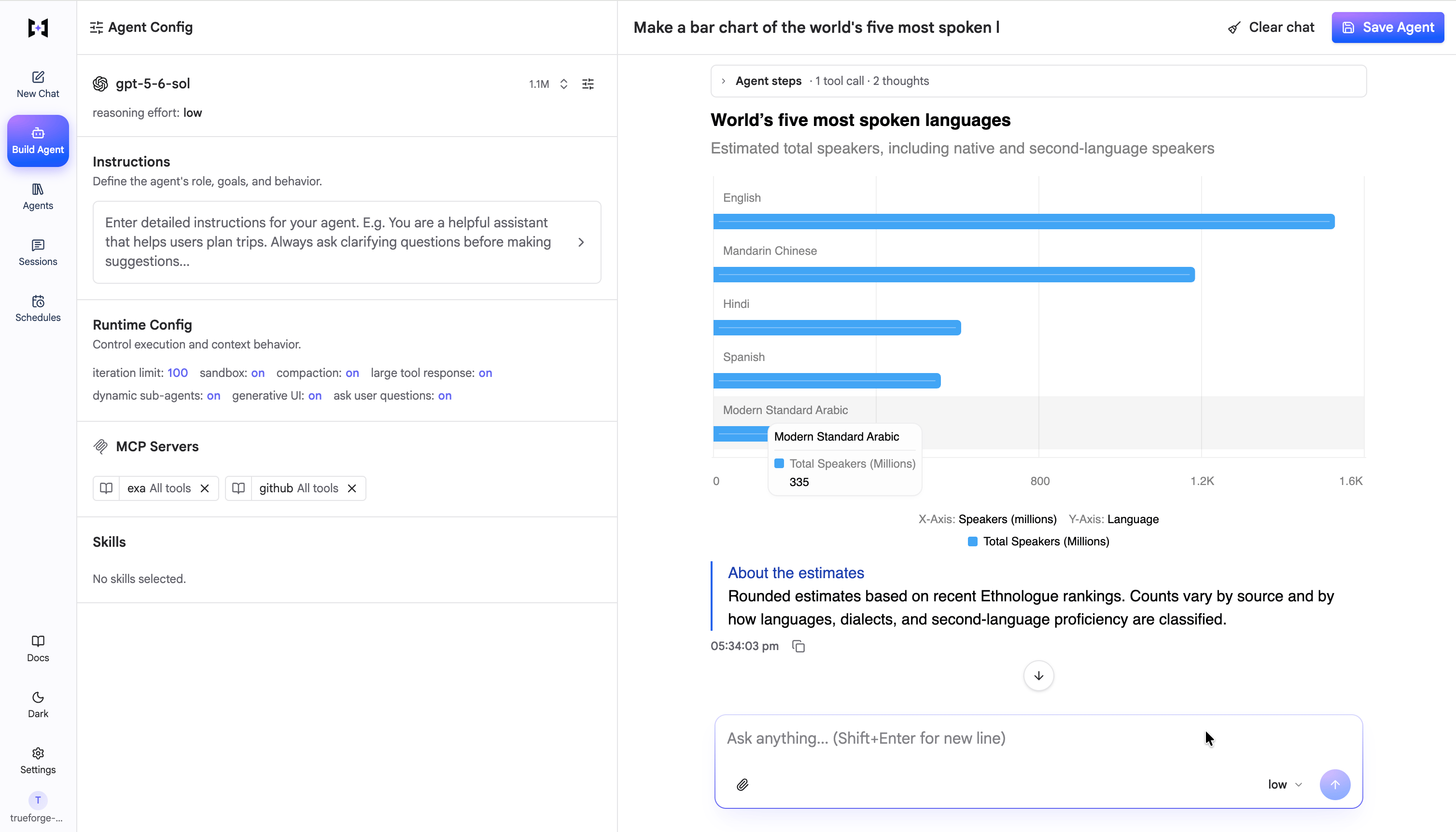 Rendered Generative UI response with an inline bar chart of the world's most spoken languages