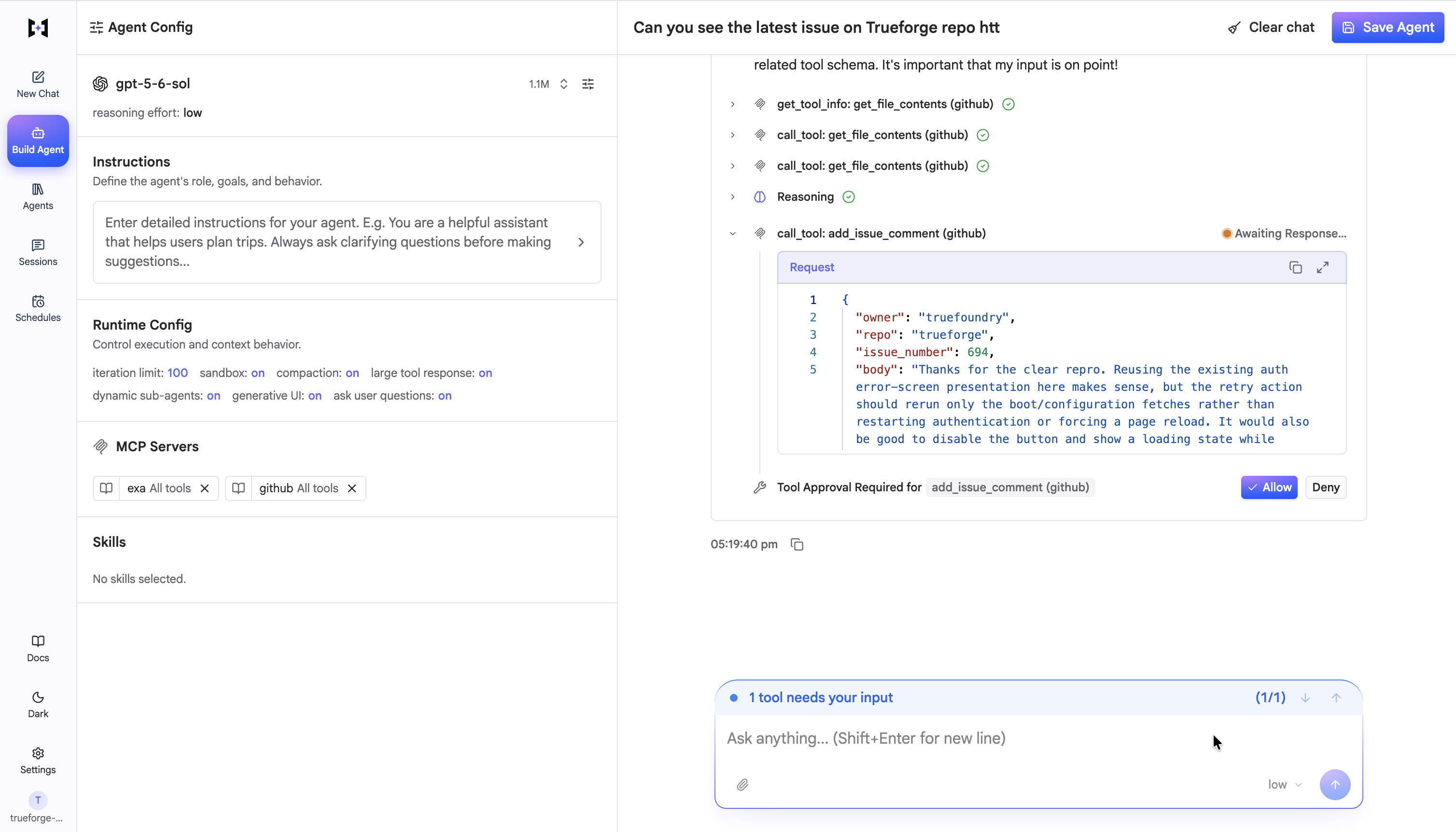 Chat UI pausing on a tool call, showing the request payload with Allow and Deny buttons