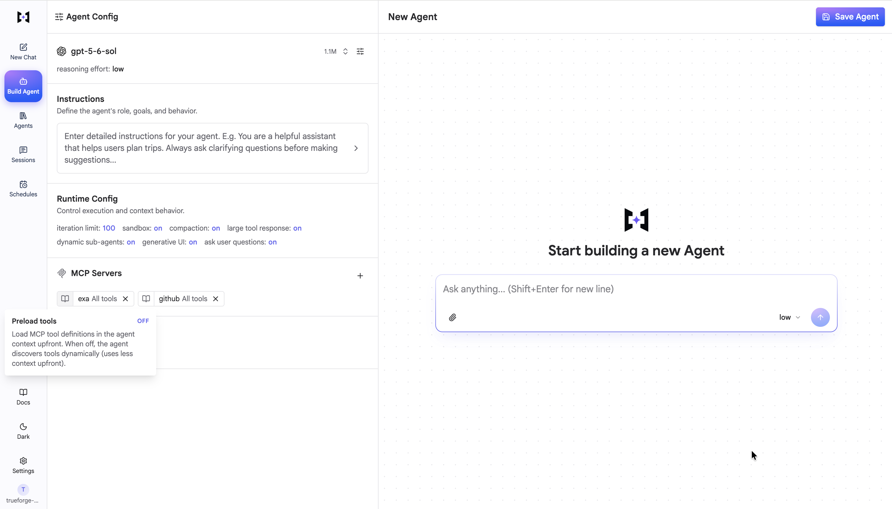 A connector chip in Build Agent with its preload toggle off; the tooltip reads Preload tools OFF — the agent discovers tools on demand, lighter context upfront