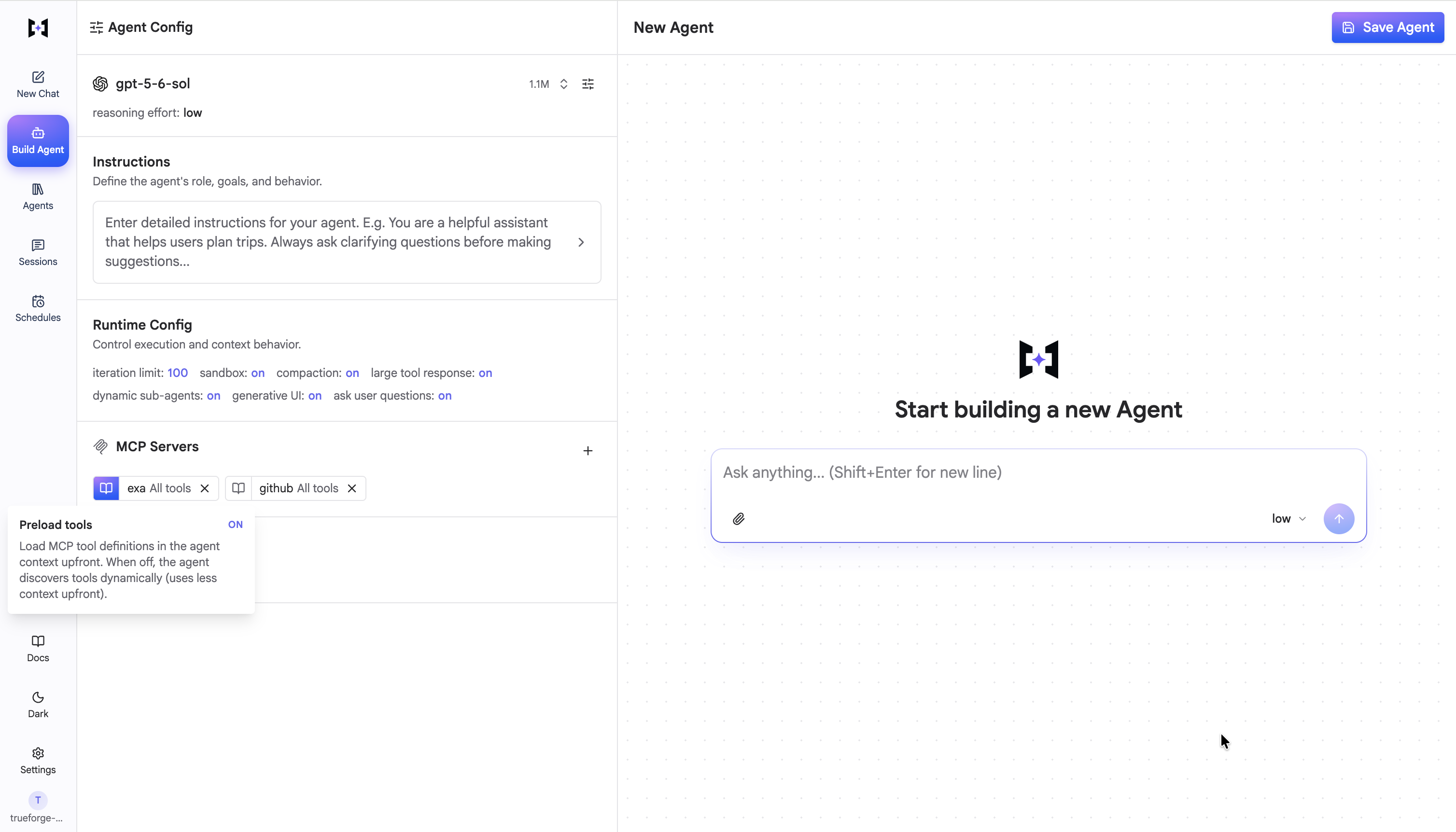 A connector chip in Build Agent with its preload toggle on and highlighted; the tooltip reads Preload tools ON — tool definitions load into context upfront