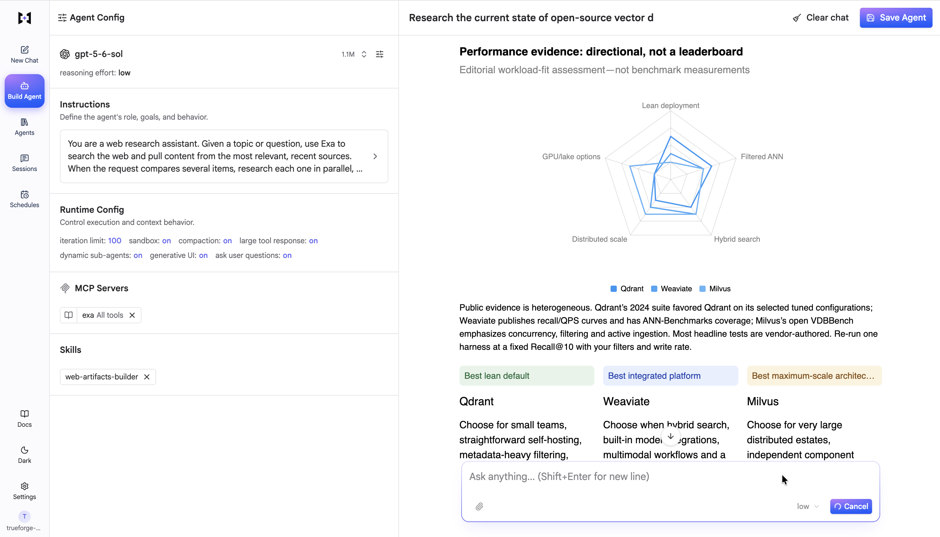 The Build Agent page with the Agent Config panel on the left (model, instructions, runtime config, MCP servers, and skills) and, on the right, an interactive brief comparing Qdrant, Weaviate, and Milvus with a radar chart of relative strengths and recommendation cards