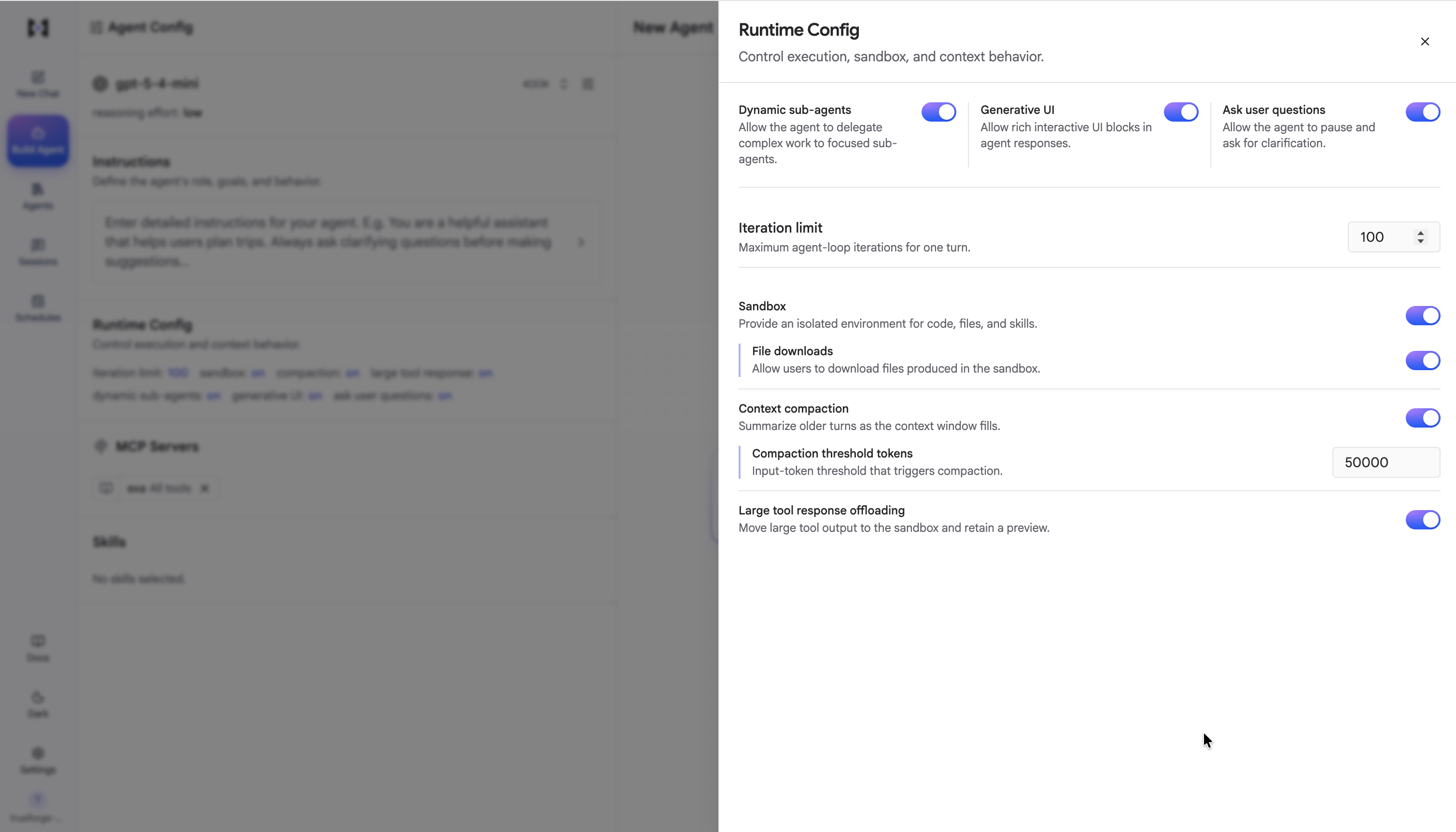 The Runtime Config panel with Dynamic sub-agents, Generative UI, Ask user questions, Sandbox, and Context compaction toggled on