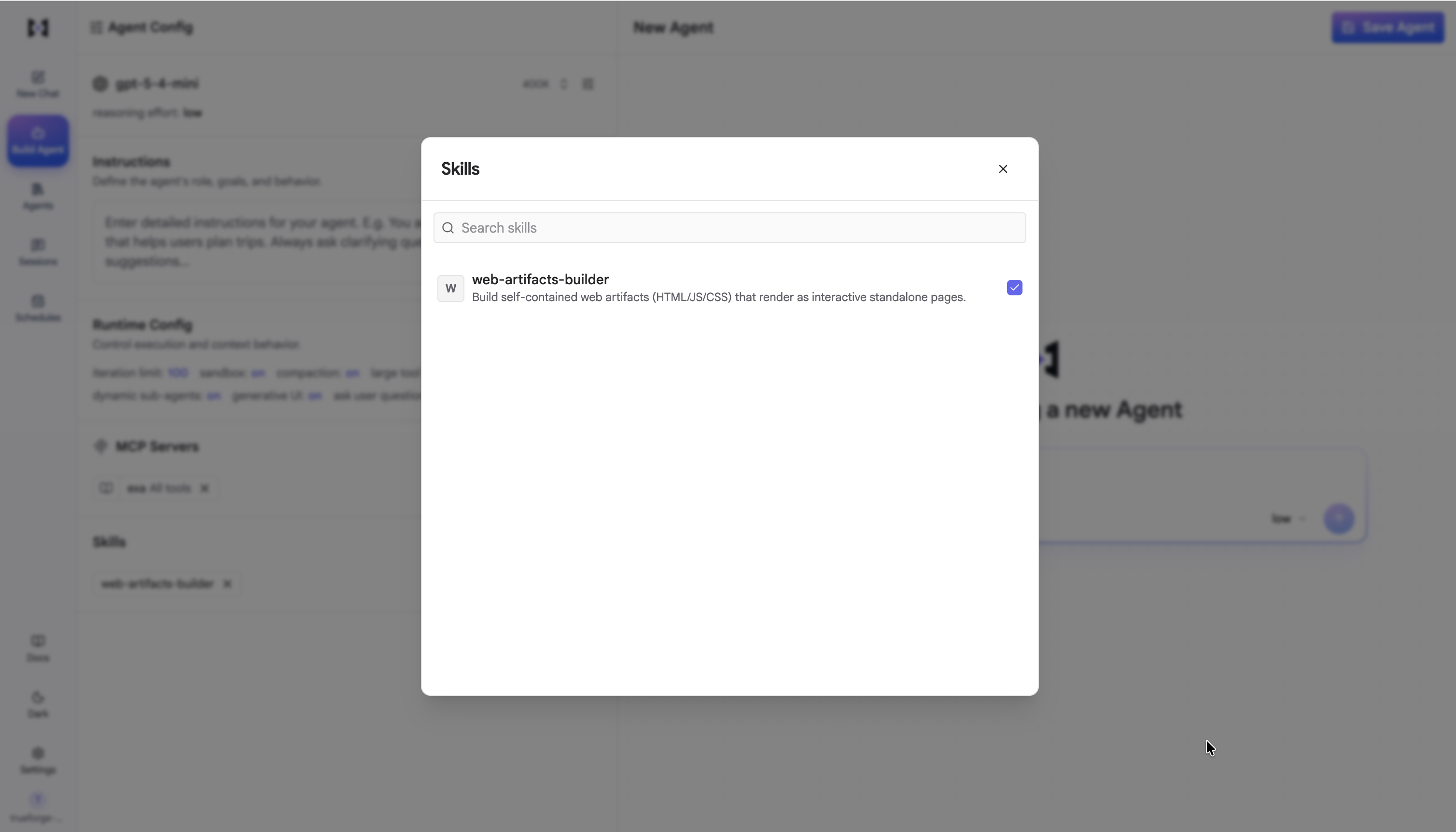 The Skills dialog with web-artifacts-builder enabled