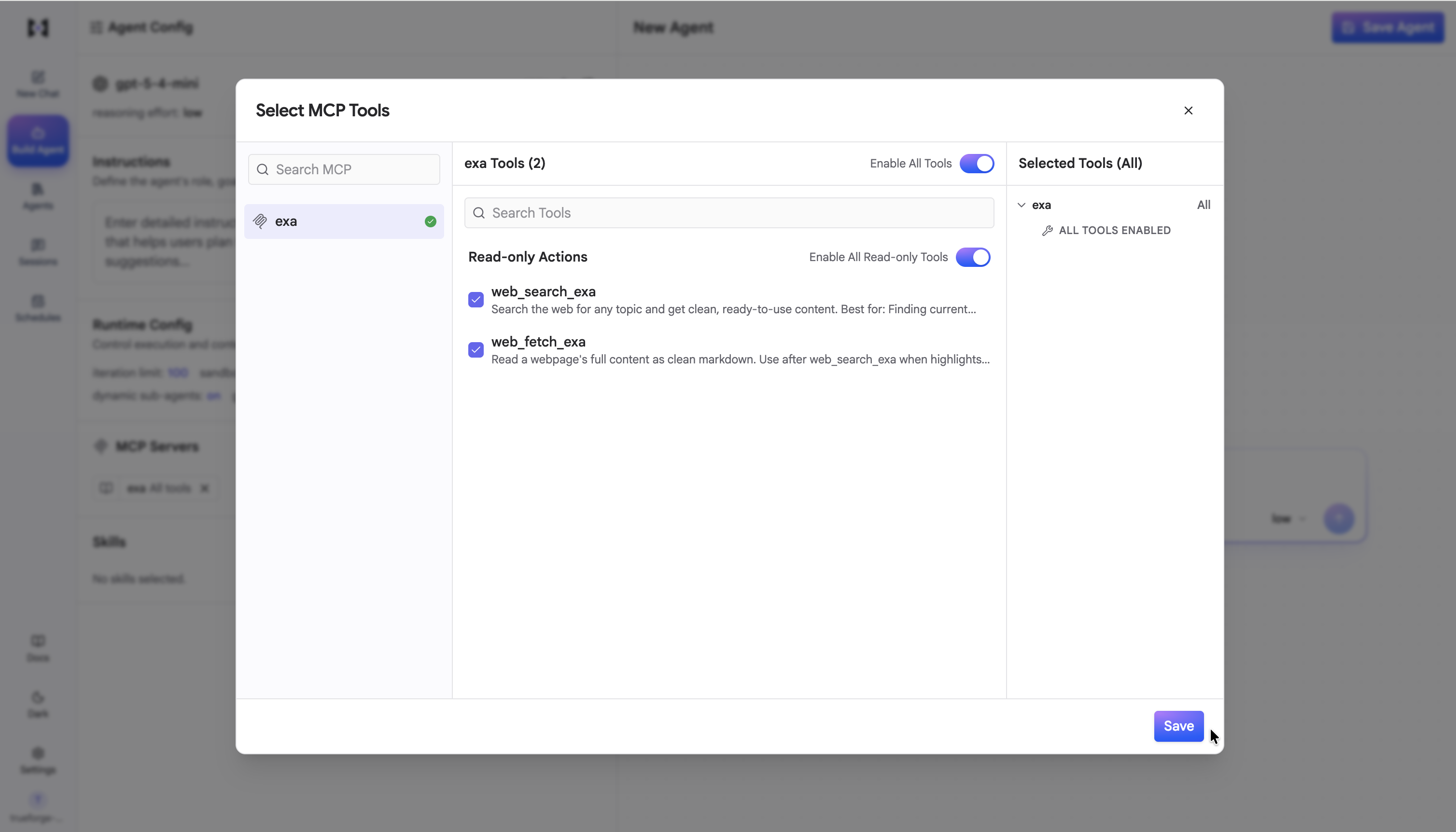 The Select MCP Tools dialog with Exa selected and its web_search and web_fetch tools enabled