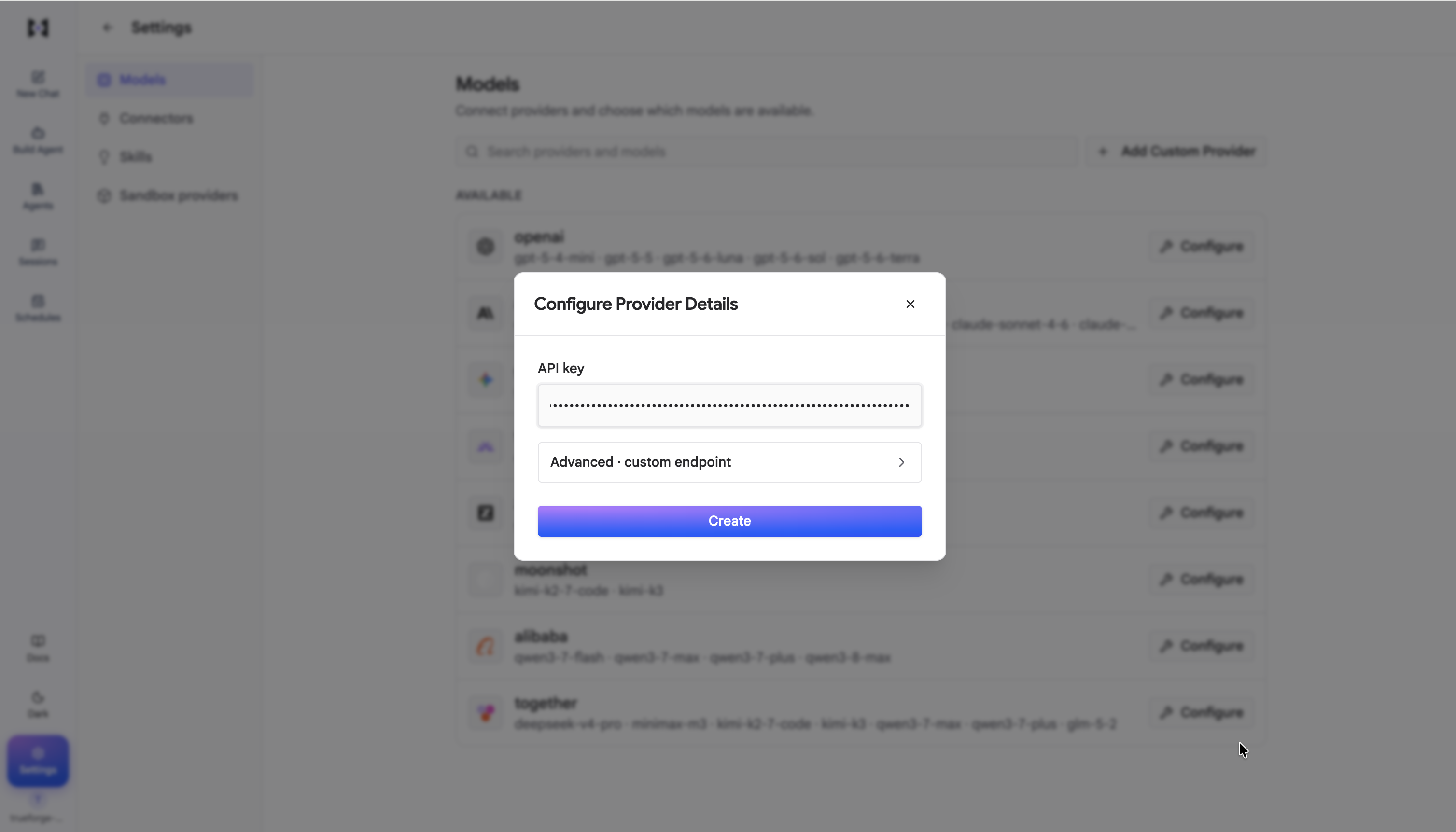 The Configure Provider Details dialog with an API key field and a collapsed Advanced custom endpoint section