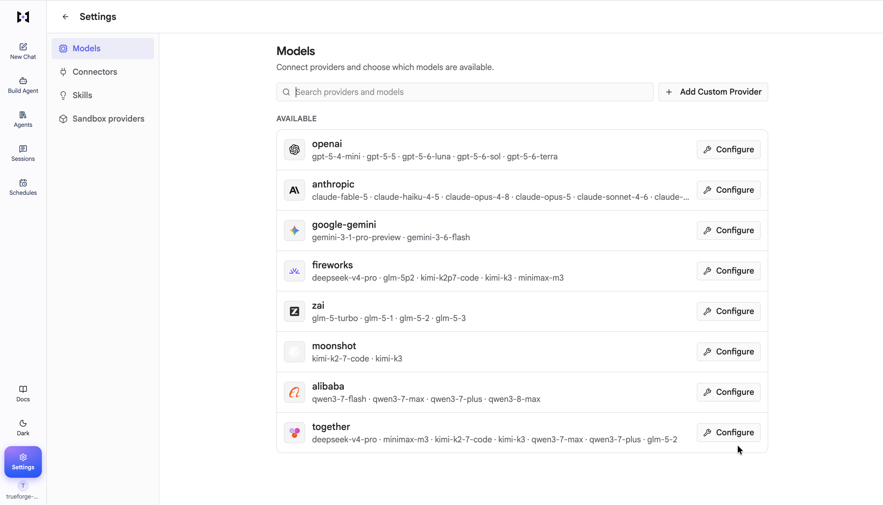 Settings → Models listing providers such as OpenAI, Anthropic, and Google, each with a Configure button