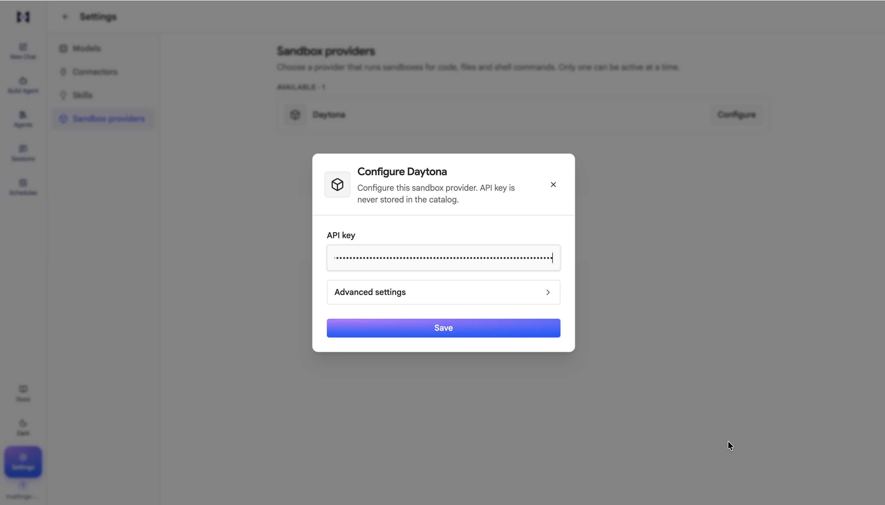 The Configure Daytona dialog with an API key field and a collapsed Advanced settings section