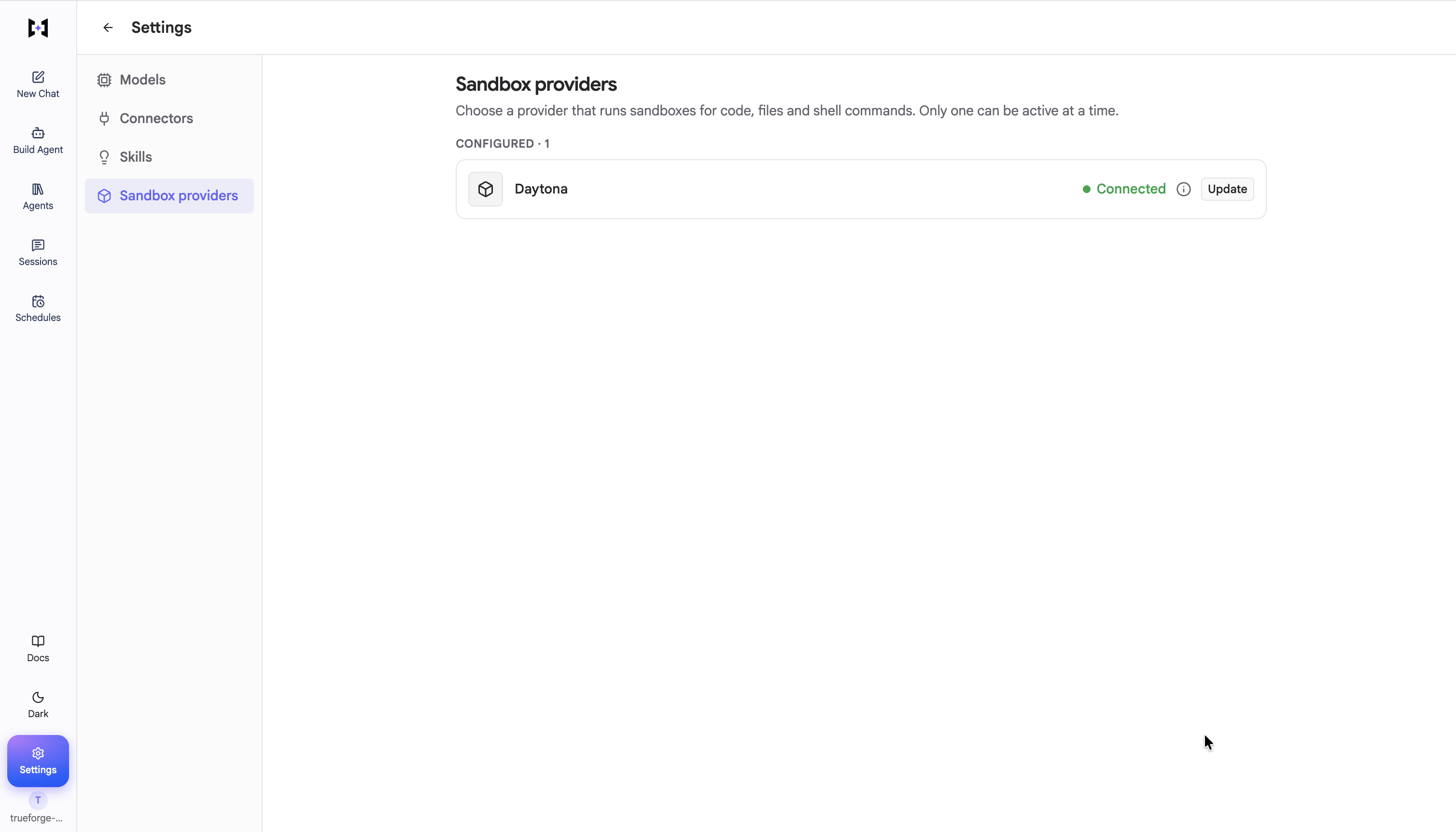 Settings → Sandbox providers showing Daytona as Connected