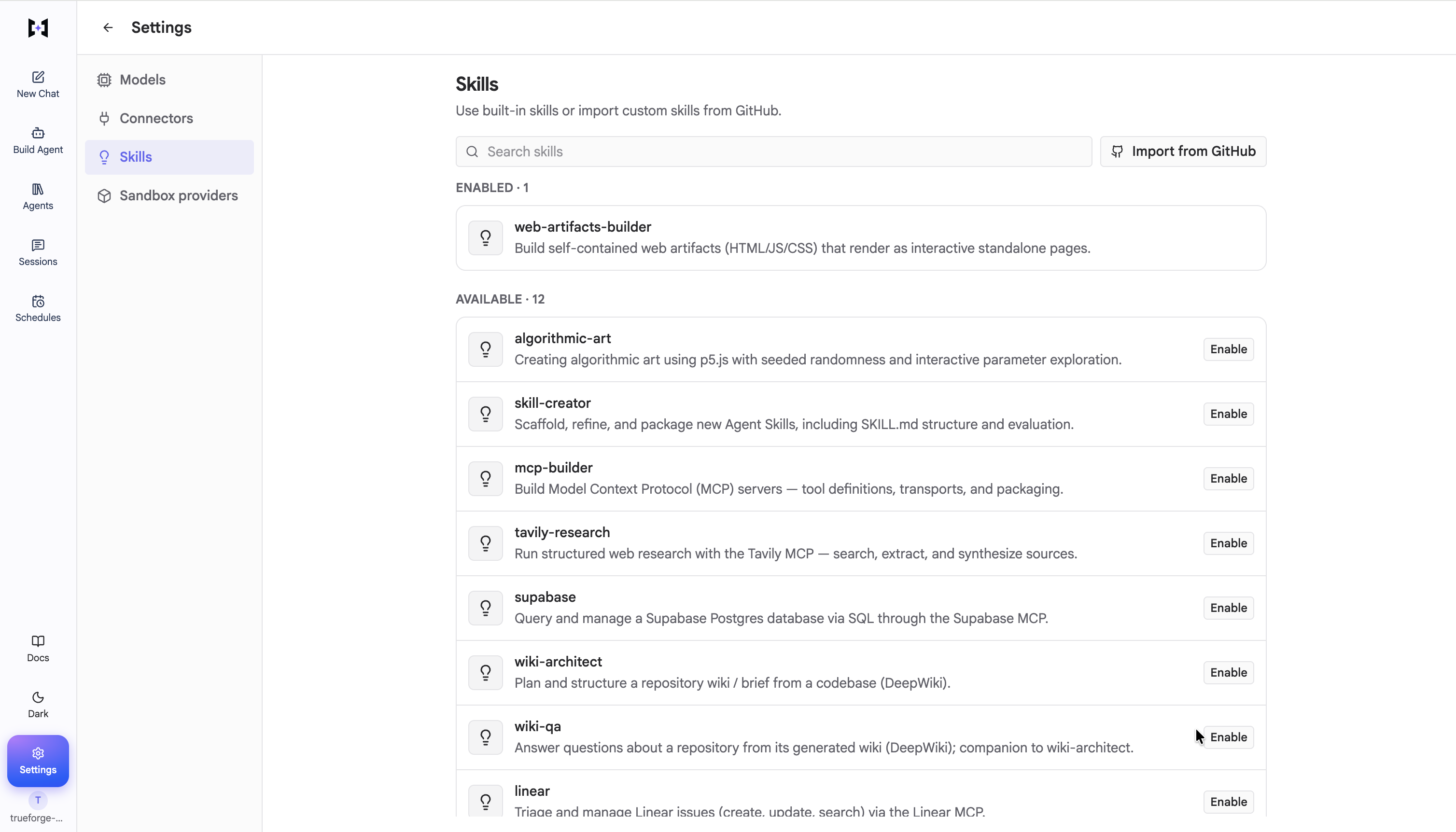 Settings → Skills with web-artifacts-builder enabled, above the built-in skill catalog