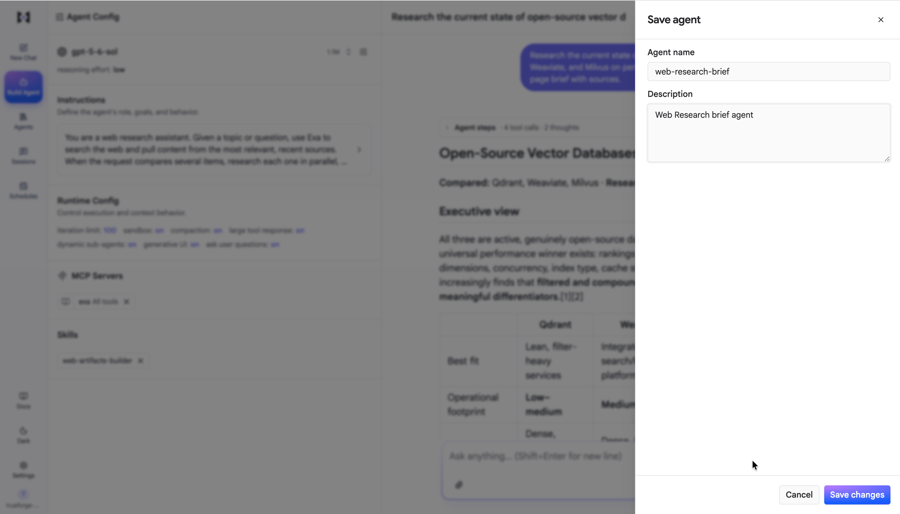 The Save agent dialog with an agent name and a description field