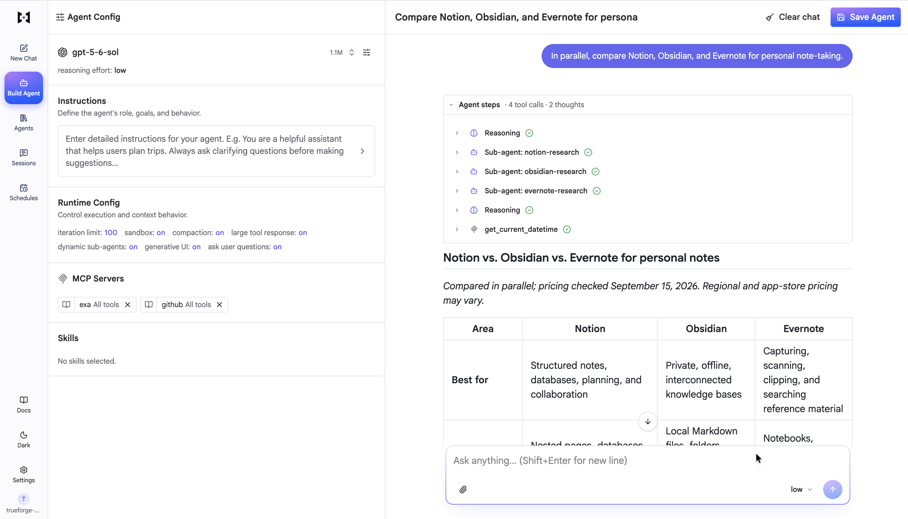 Chat UI showing three parallel subagents (notion-research, obsidian-research, evernote-research) under the Agent steps panel