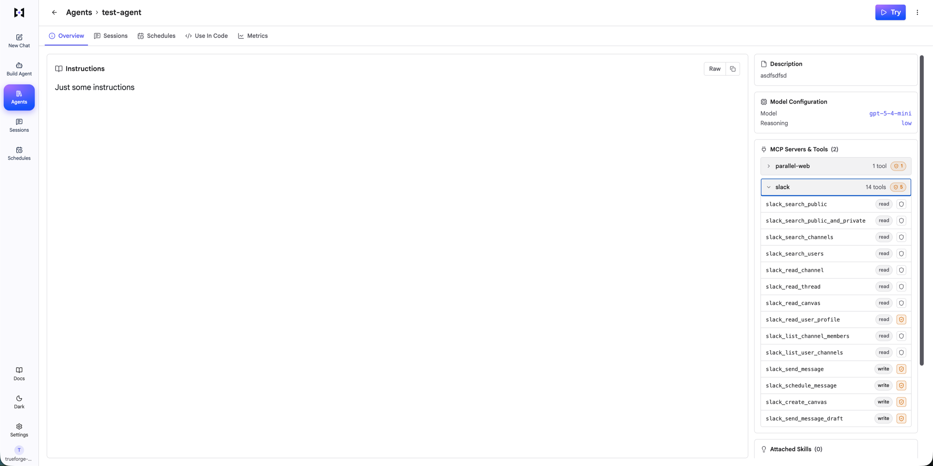 The agent Overview tab showing an MCP Servers and Tools panel with per-server approval counts and a tool list labelled read or write