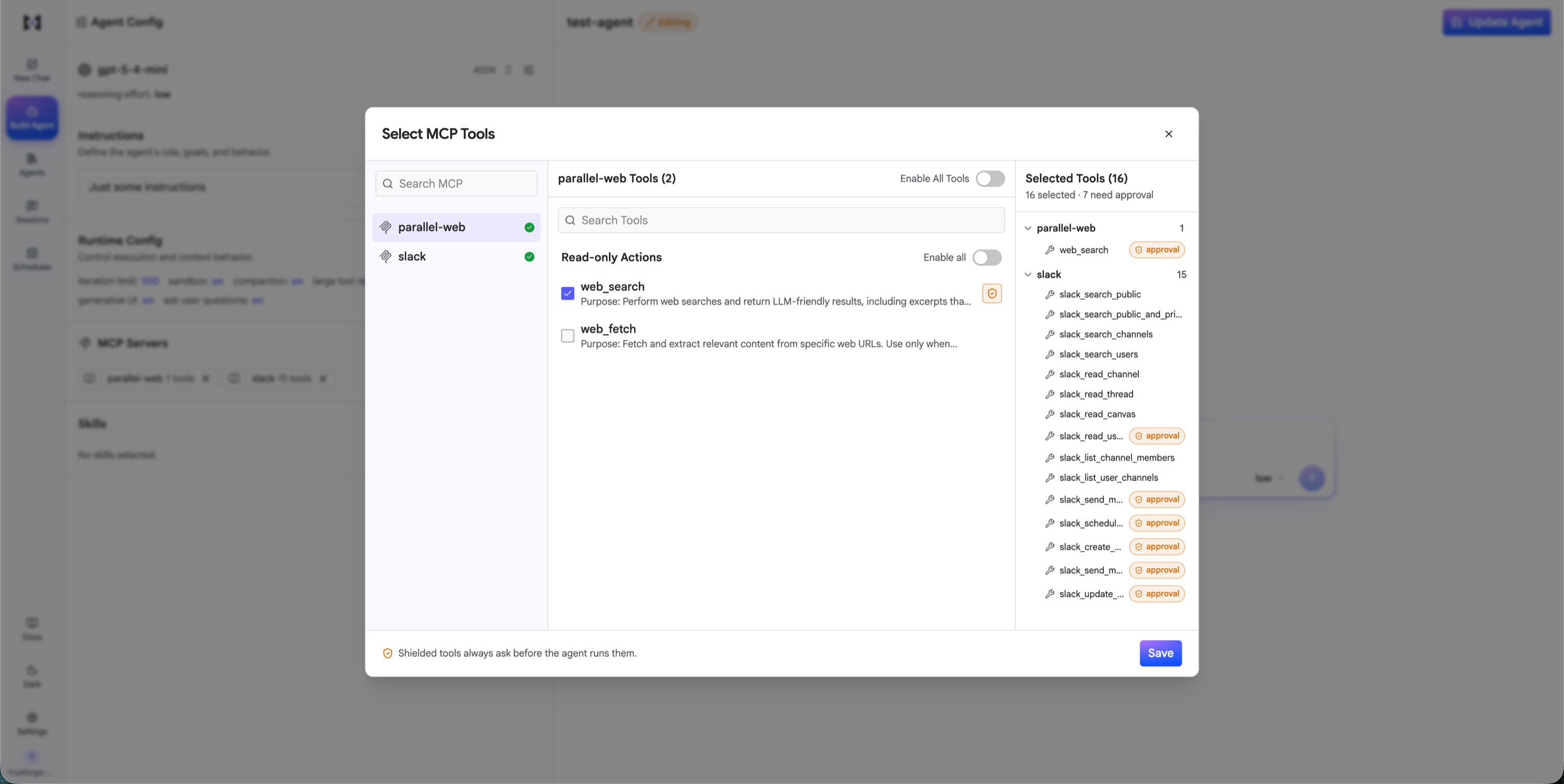 The Select MCP Tools dialog with a shielded web_search tool and a Selected Tools panel listing tools with approval badges